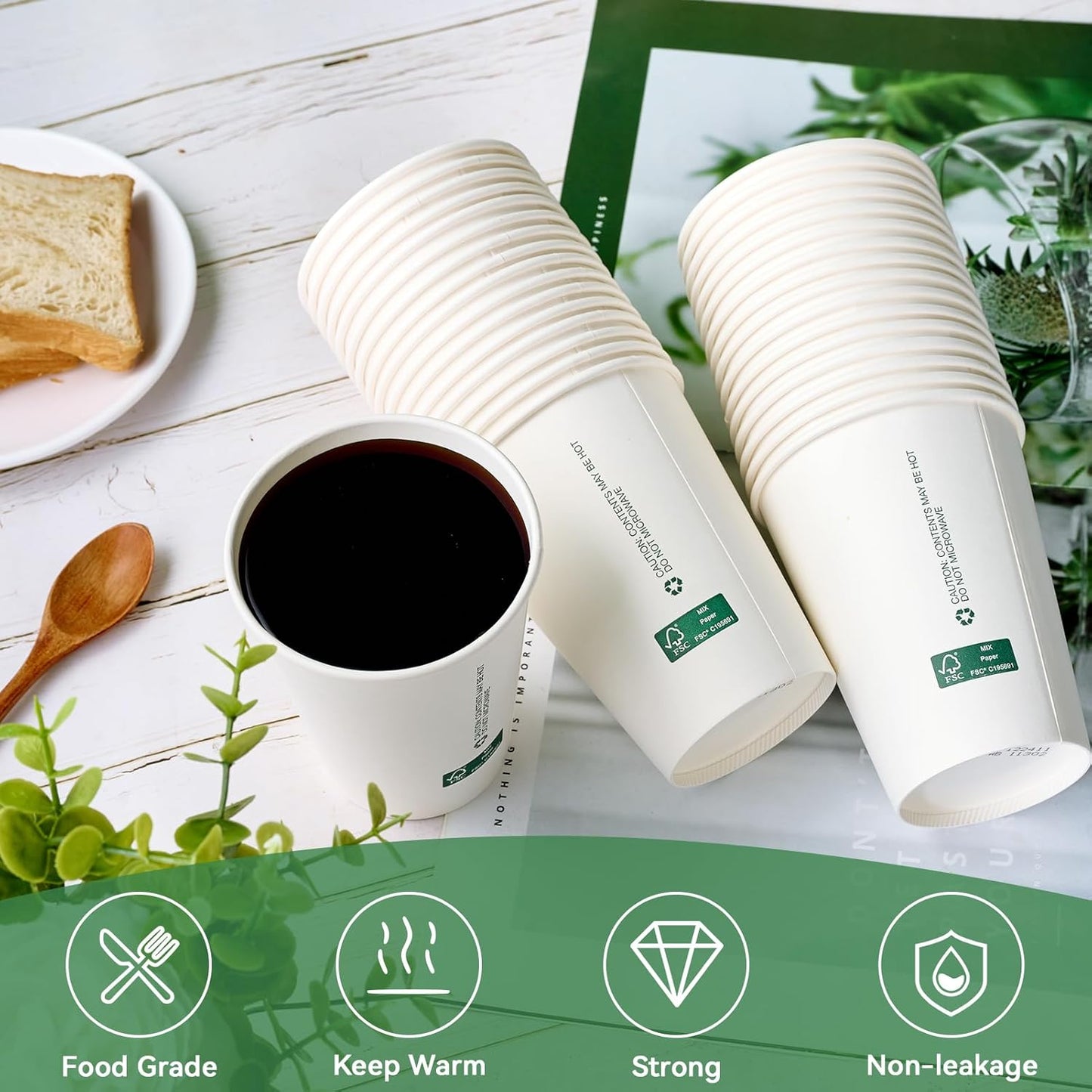 LITOPAK 200 Pack 12 oz Disposable Paper Coffee Cups, White FSC Hot Coffee Cups for Multiple Drinks for Office, Store, Home