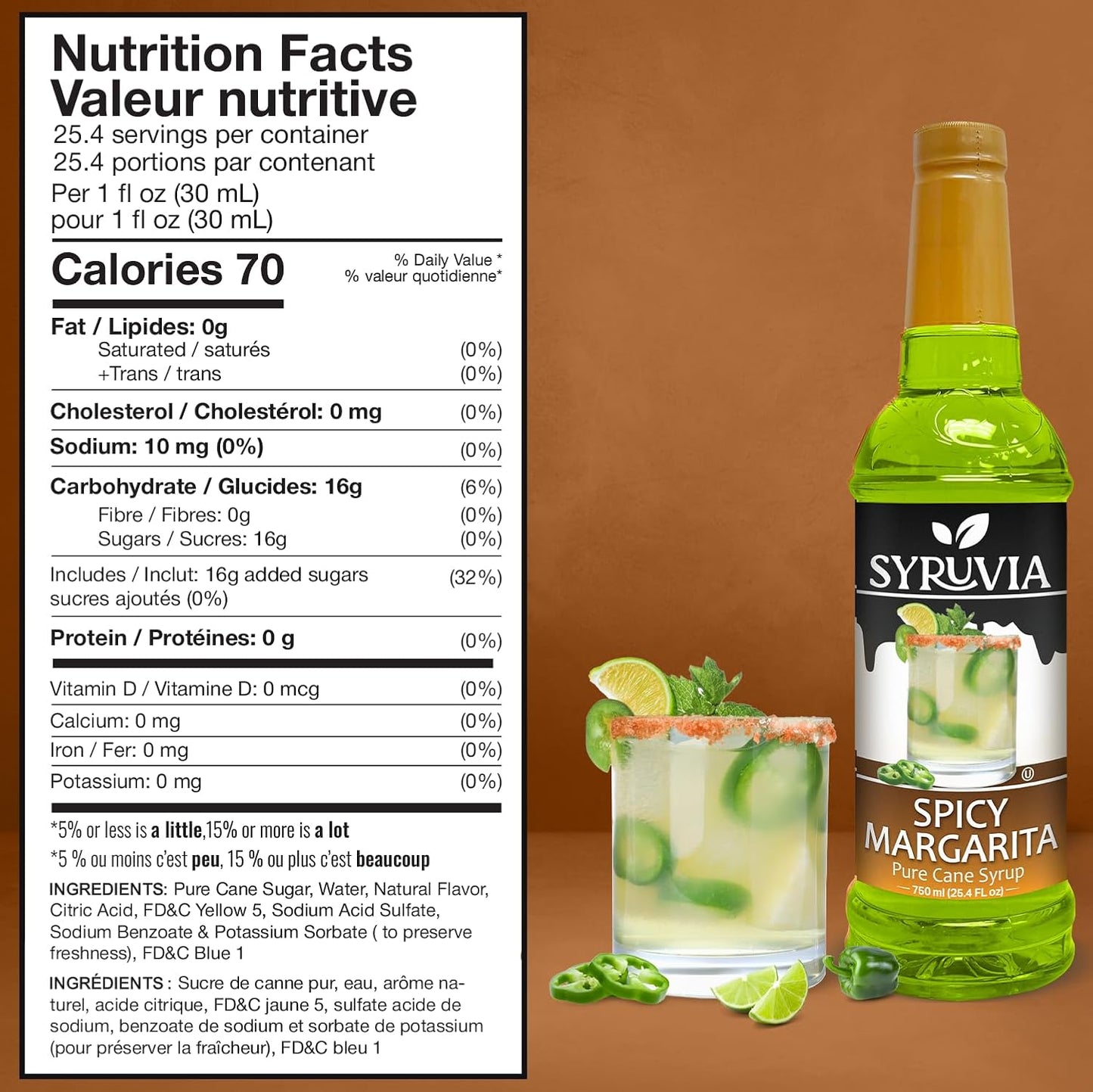 Syruvia Spicy Margarita Mix Syrup For Drinks 25.4 Oz. - Kosher & Gluten Free, No Coloring, Perfect for Drinks, Soda, Shakes, Desserts, and More.