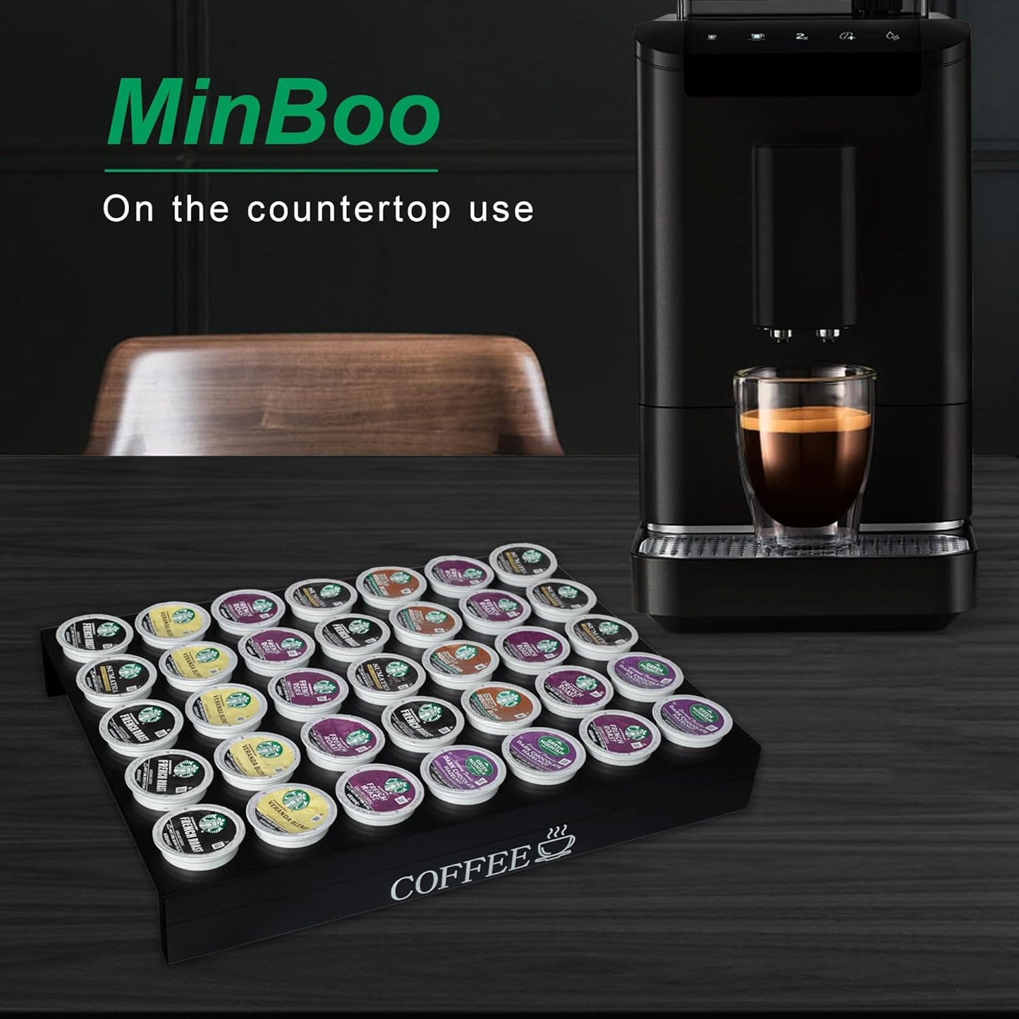 MinBoo BamBoo k cup holder Drawer or Countertop k cup Organizer Coffee Pod Holder Hold 35 Coffee Pod Storage Kcup coffee pods holder for coffee station Office and Kitchen k cup storage,Black