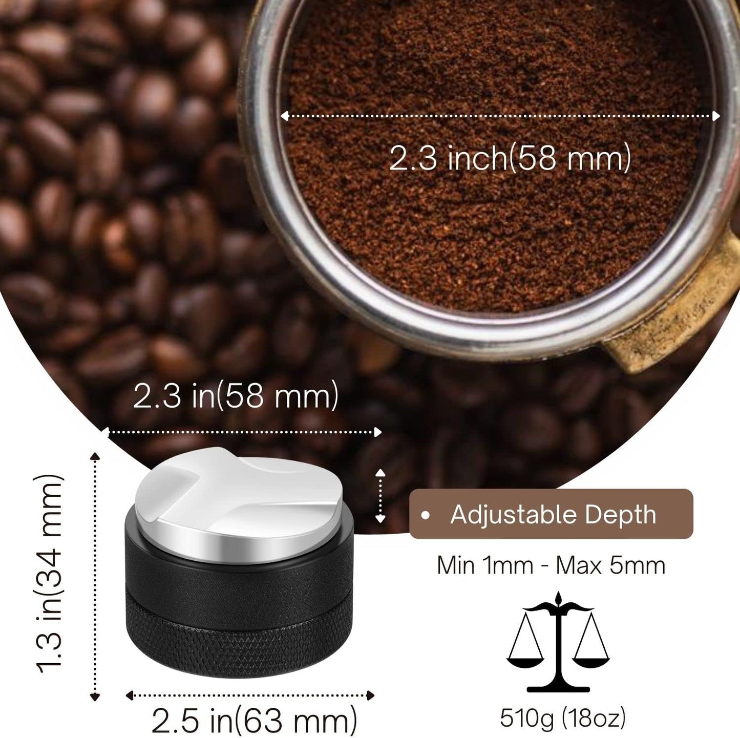 Flexzion Espresso Distribution Tool 58mm Coffee Leveler, Adjustable Depth and Universally Compatible Espresso Leveler for 58mm Portafilters and Espresso Machines
