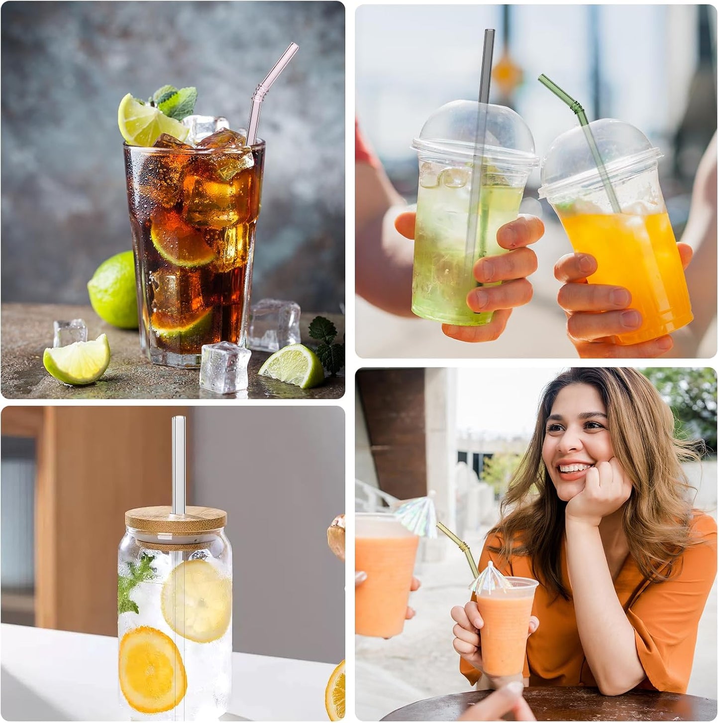 Curved Stained Glass Straws with Designs, 6-Pack Reusable, Approximately 9 Inches Long, 8MM Diameter, Shatterproof and Heat-Resistant, Includes 2 Cleaning Brushes.