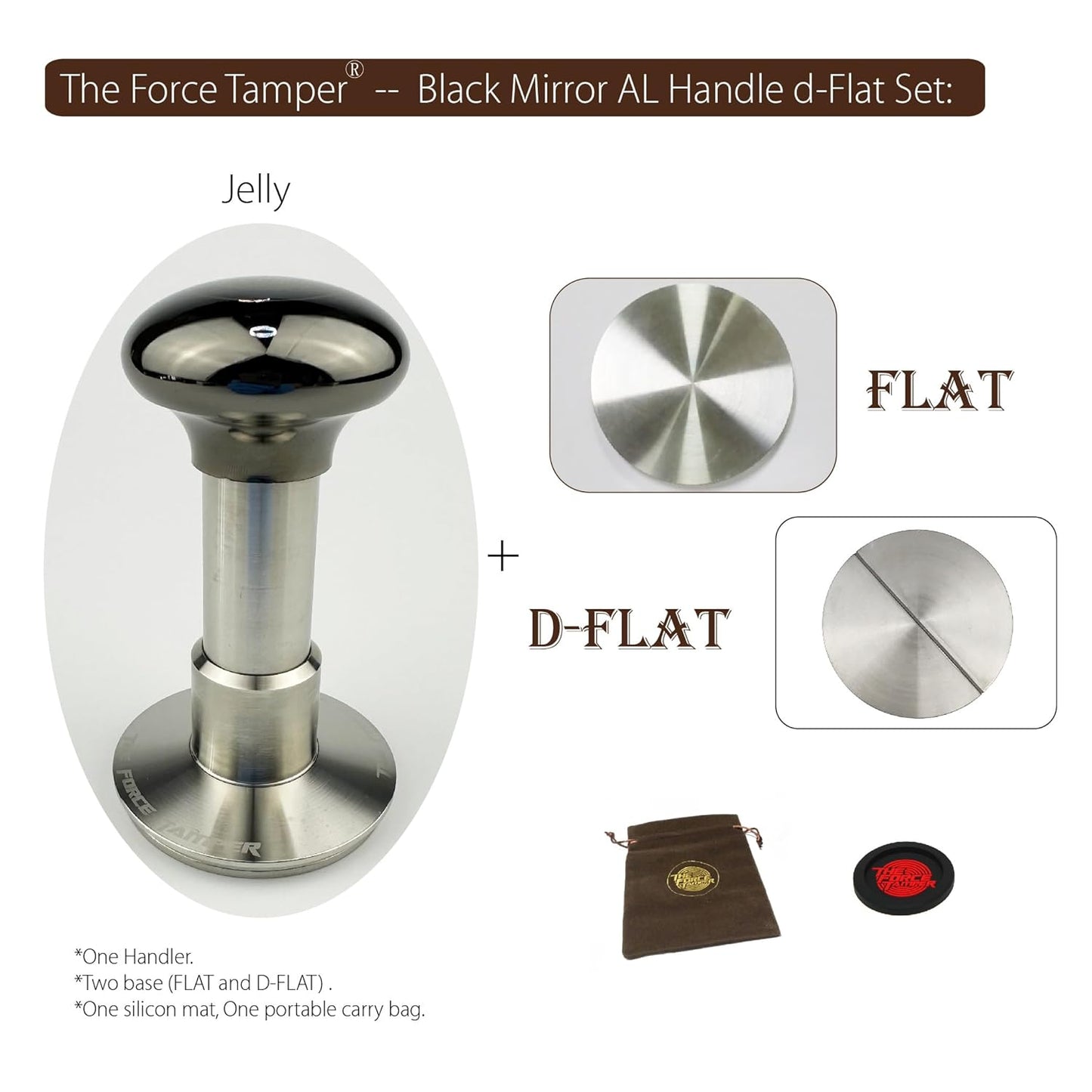 The Force Tamper Automatic Impact Adjustable Constant Pressure and Autoleveling Coffee Tamper Black Mirror Jellyfish AL Handle Set Pro (Flat-Distribute Set, 53.00mm)