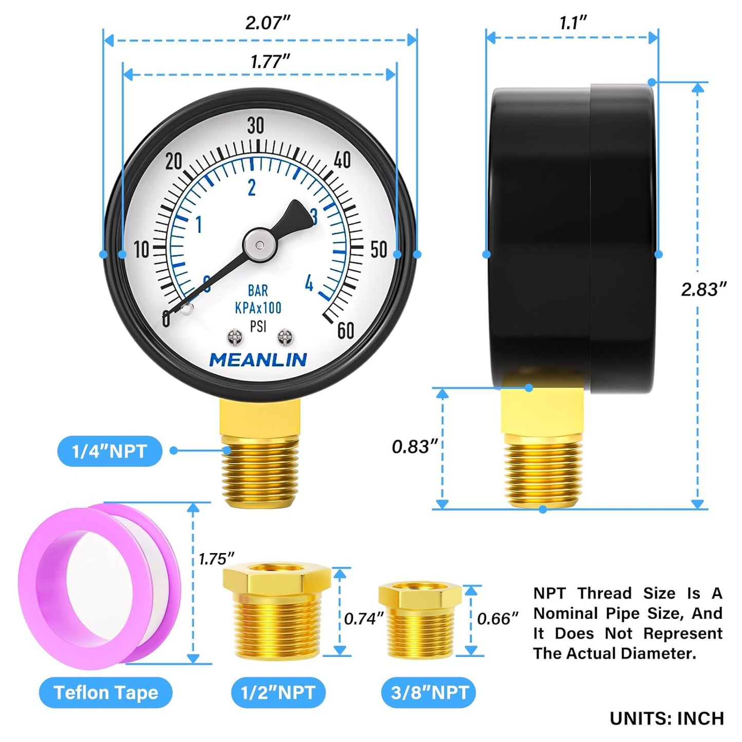 MEANLIN MEASURE 0-60Psi 2" DIAL FACE 1/4" NPT Well Pump Pressure Gauge, with 1/2" NPT and 3/8" NPT Hex Bushing, Pool Sand Filter WOG Water Oil Air Pressure Test, Lower Mount (Pack of 2)