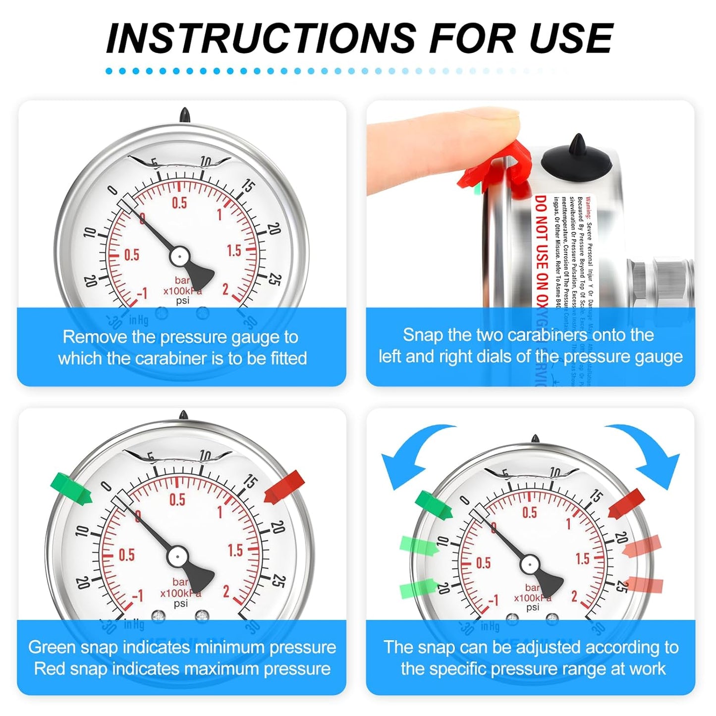 MEANLIN MEASURE -30inHG~30Psi Vacuum Pressure Gauge 316 Stainless Steel Joint 1/4" NPT 2.5" FACE DIAL, Stainless Steel Liquid Filled Pressure Gauge WOG Water Oil Air Back Mount, 2PCS Snaps