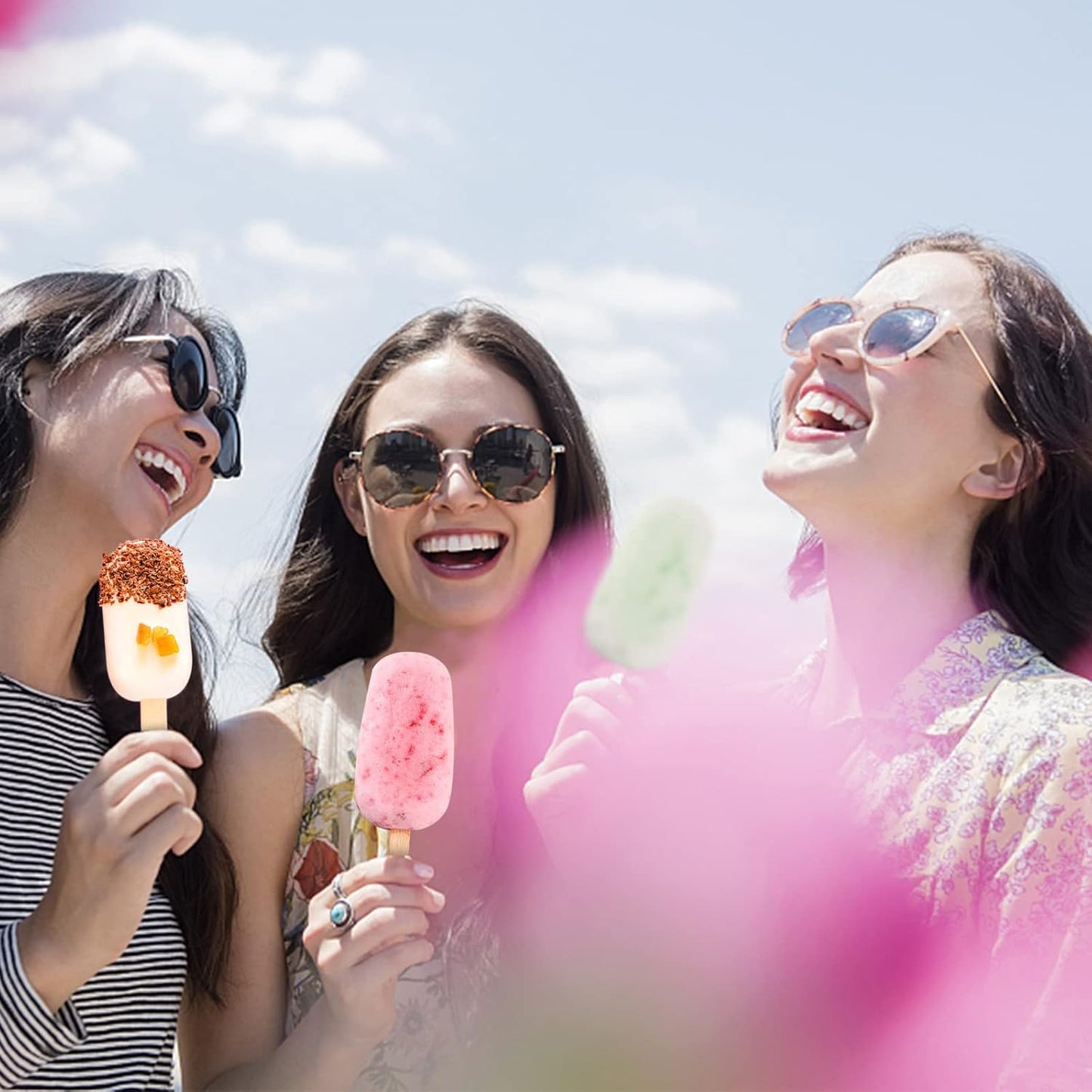 Ouddy Life Popsicle Molds Set of 2, Ice Pop Molds Silicone 4 Cavities Ice Cream Oval Cake Pop Mold with 50 Wooden Sticks for DIY Popsicle, Clear