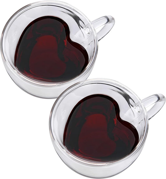 CNGLASS Mothers Day Gifts for Mom,Double Wall Heart Shaped Glass Coffee Mugs 8.5oz,Insulated Clear Tea Cups with Handle,Unique Glass Espresso Mugs for Coffee,Cappuccino,Latte,Milk,Set of 2