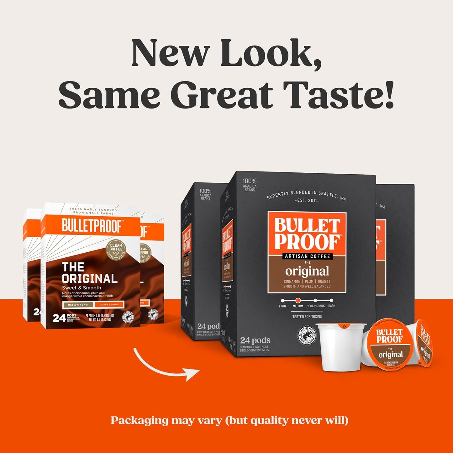 Bulletproof Original Medium Roast Single-Serve Pods, 72 Count, 100% Arabica Beans, Clean Coffee Tested for Toxins, Packaging May Vary