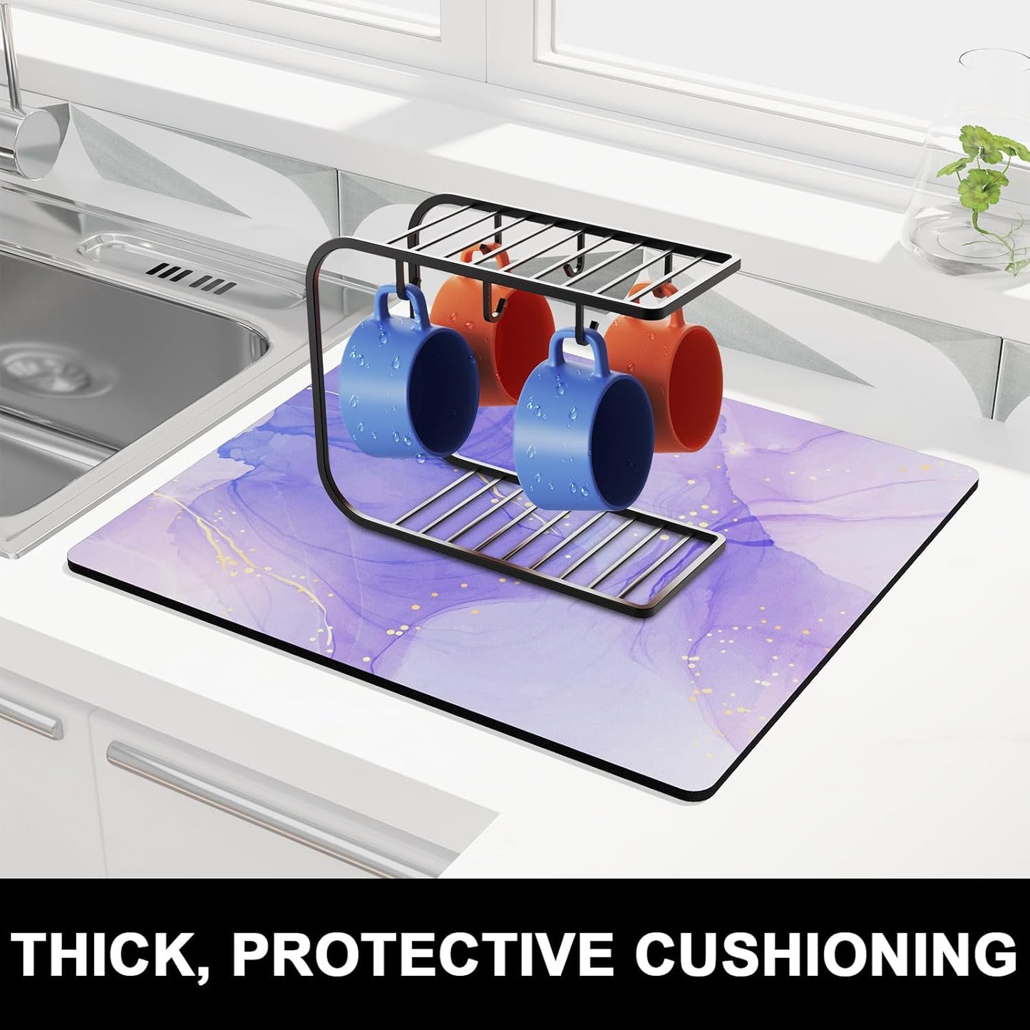 Rnivvi Dish Drying Mat for Kitchen Counter, 16 x 18" Cute Marble Theme Absorbent Heat Resistant Drying Pad with Non-slip Rubber, Coffee Bar Mats for Coffee Machine Dish Rack Kitchen Decor, Purple