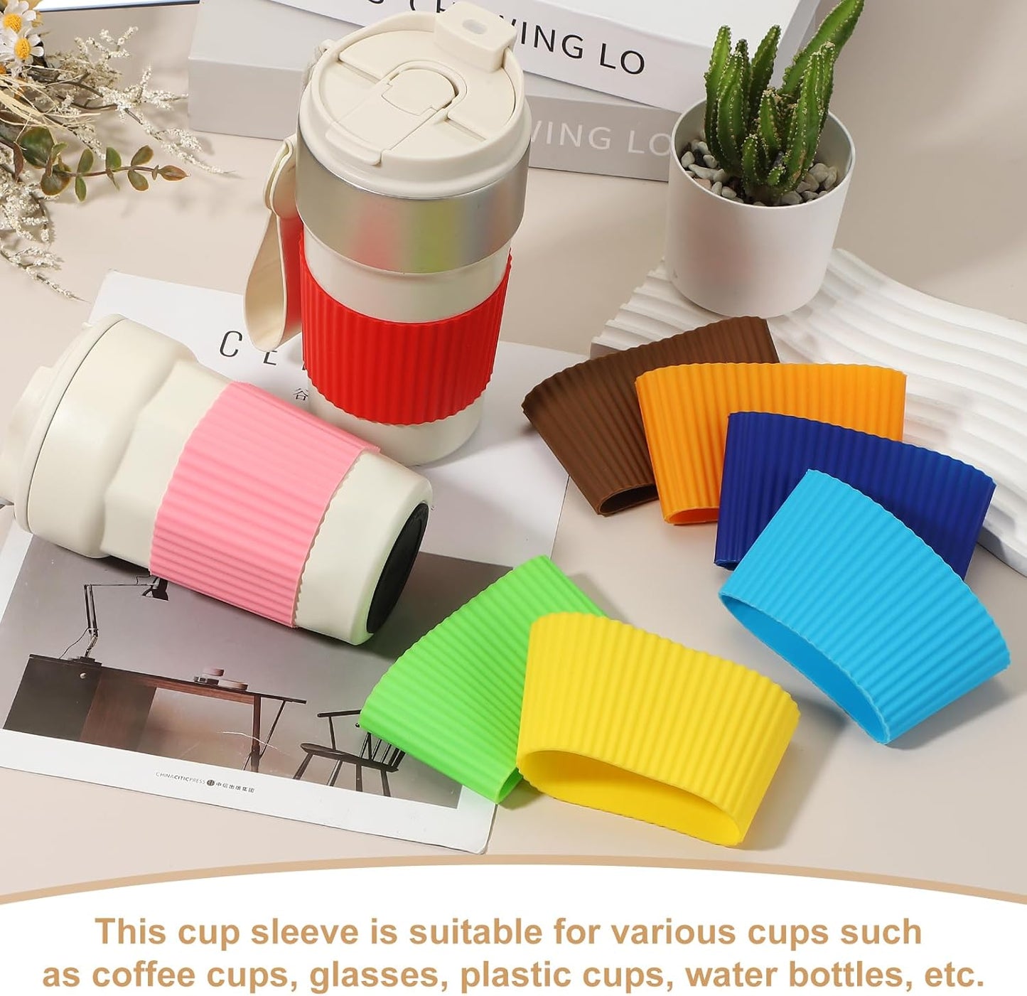 uxcell 6Pack Coffee Cup Sleeves, Reusable Silicone Heat Resistant Cup Protective Sleeve Nonslip Mug Protector Cover for Home Travel Coffee Mug Glasses Water Bottle Boots, White