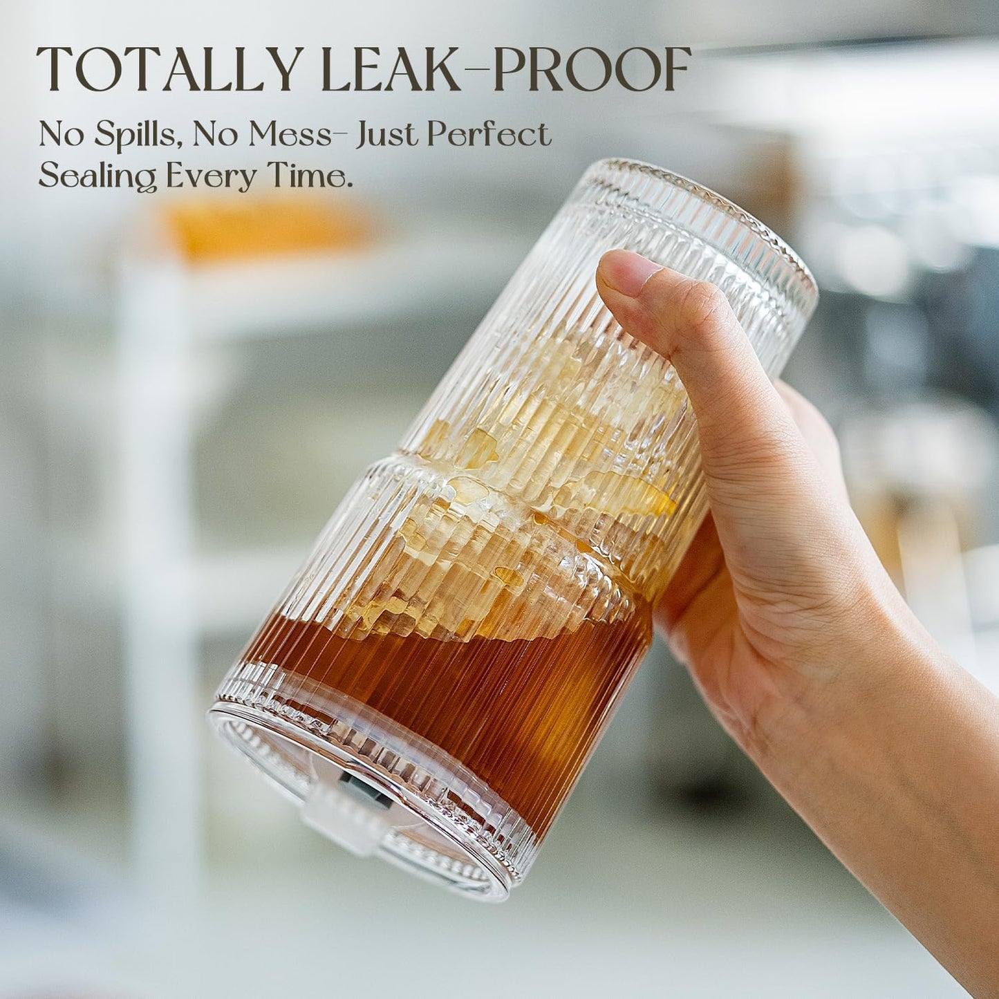 KEMORELA 6-Pack Ribbed Glass Tumblers with Lids & Straws – Vintage Style Iced Coffee Cups, Durable Smoothie & Cocktail Drinking Glasses, Reusable Clear Glassware for Home, Cafe, Office (6)