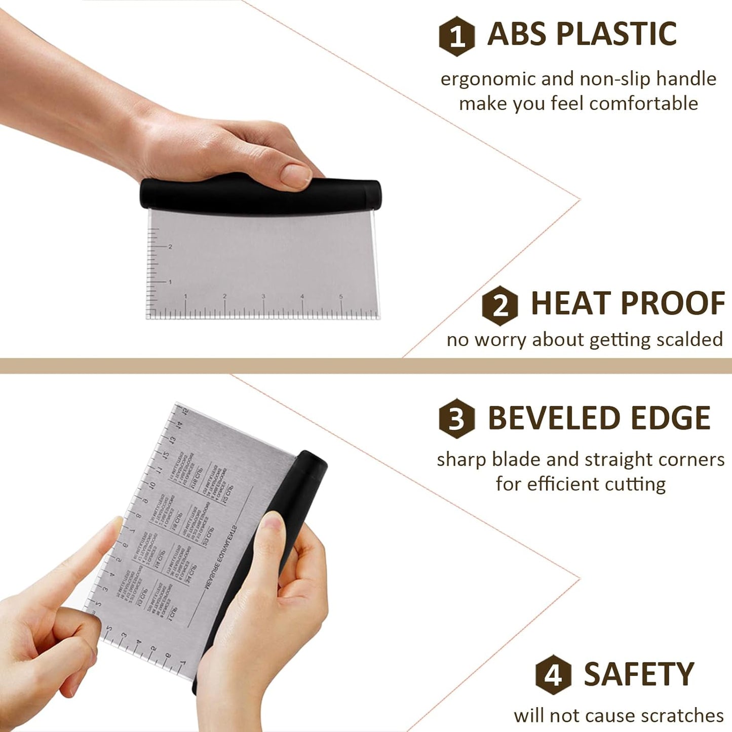 Metal Griddle Scraper Chopper, HaSteeL Stainless Steel Dough Bench Scraper Pastry Cutter with Measuring Marks, Multi-purpose Kitchen Tool for Flat Top Grilling/Baking/Cooking, Dishwasher Safe (2-Pack)