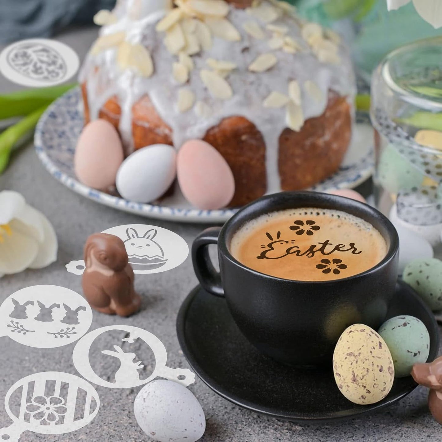 JULBEAR Easter Cookie Stencils, 36Pcs Reusable Eggs Bunny Cookie Coffee Stencils Templates Mold Tools for Cookies Baking Painting Dessert Coffee Decoration Easter Party Supplies