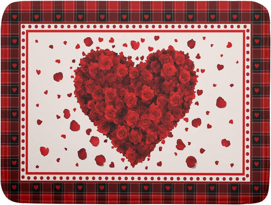 Giwawa Love Heart Dish Drying Mat 18x24 inch Valentines Day Red Rose Flowers Dish Drainer Mats Red Black Buffalo Plaids Absorbent Dish Drying Pad for Kitchen Countertop Wedding Large Decor