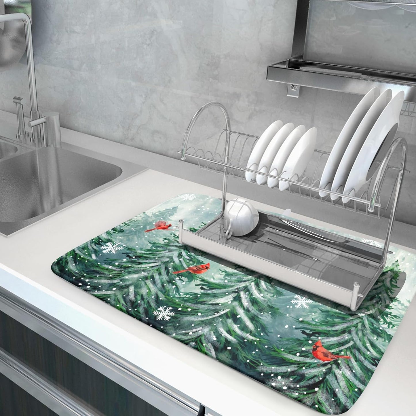 Winter Pines Tree Dish Drying Mats for Kitchen Counter, Christmas Tree Dish Mat Absorbent Reversible Microfiber Dish Drying Pad Winter Kitchen Drying Mat Dish Drainer Rack Mats for Coffee Bar 18"x24"