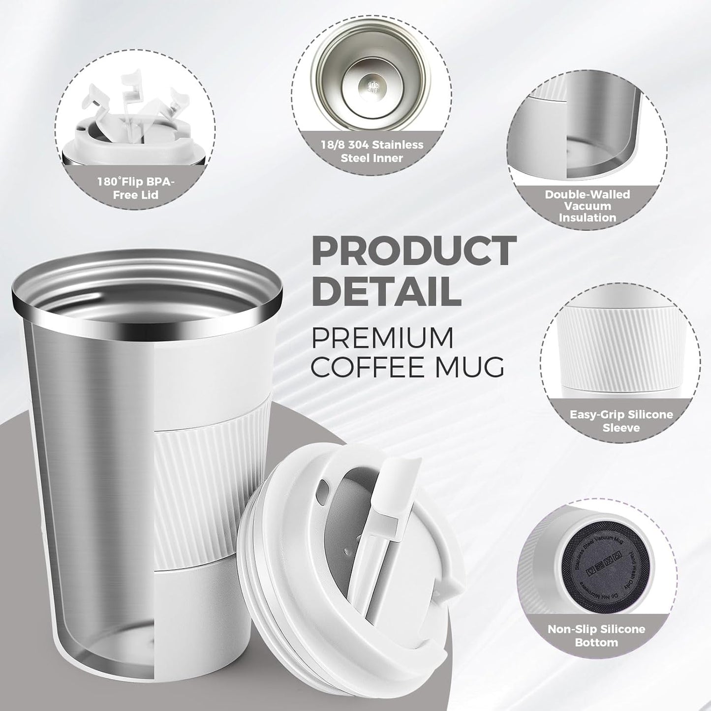 Volhoply 13 oz Stainless Steel Insulated Travel Coffee Mug with Fip Lid Bulk 8 Pack,Reusable Double Wall Vacuum Metal Coffee Cup,Portable Leak Proof Thermal Tumbler for Hot & Cold Drinks(White,8)