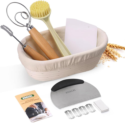 Sourdough Starter Kit, 10" Oval Banneton Sourdough Bread Baking Supplies with Bread Scoring Lame, Scrapers, Dough Whisk, Sour dough Bread Proofing Basket Tools for Fermentation