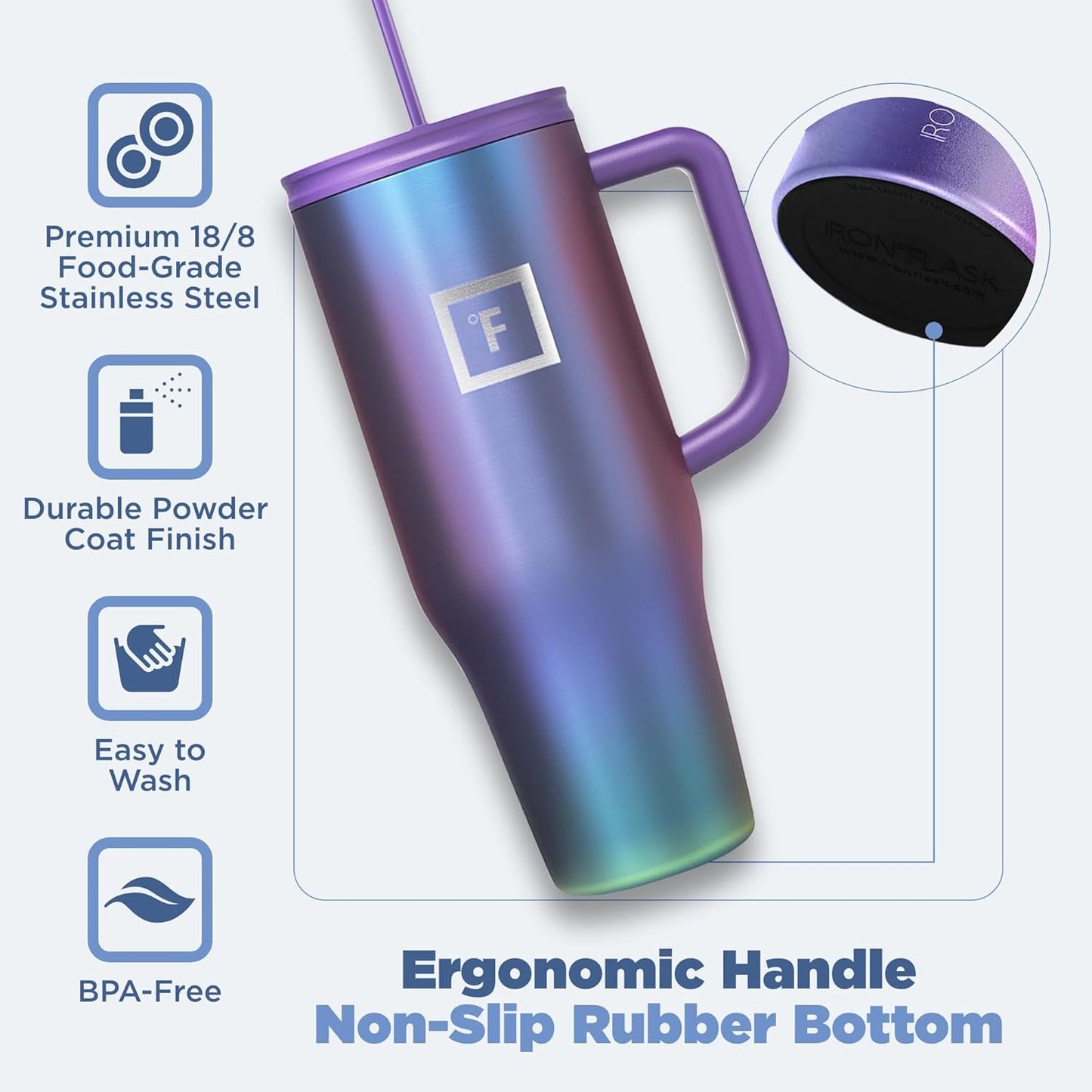 IRON °FLASK Co-Pilot Insulated Mug w/Straw & Flip Cap Lids - Cup Holder Bottle for Hot, Cold Drink - Leak-Proof - Water, Coffee Portable Travel Mug - Twilight Blue, 40 Oz