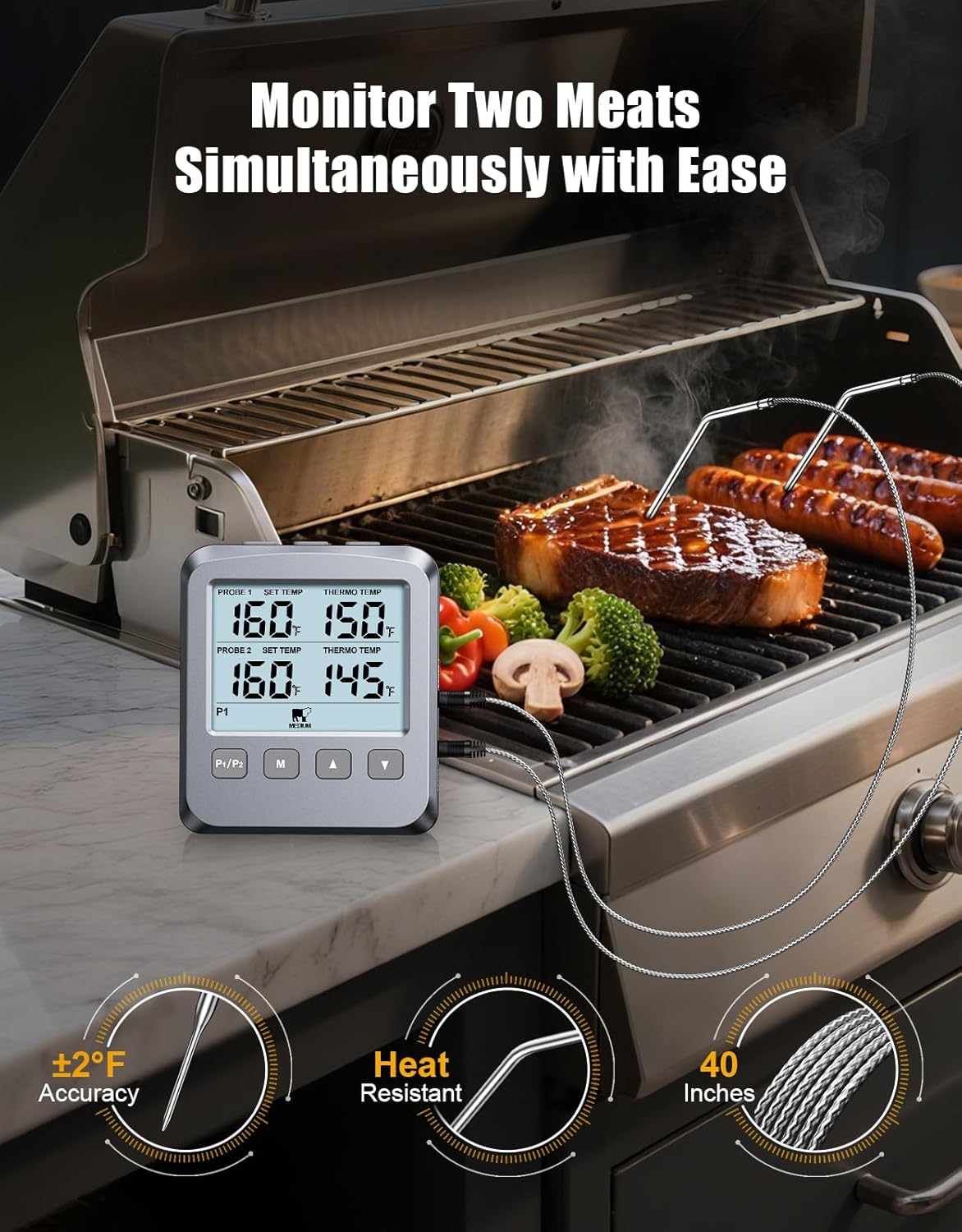 Dual Probe Meat Thermometer Digital for Cooking, Grilling & Smoking with Large LCD Backlight & Alarm, Kitchen Food Grill Thermometer, Smoker Accessories for BBQ, Oven, Oil Fry, Gifts for Men