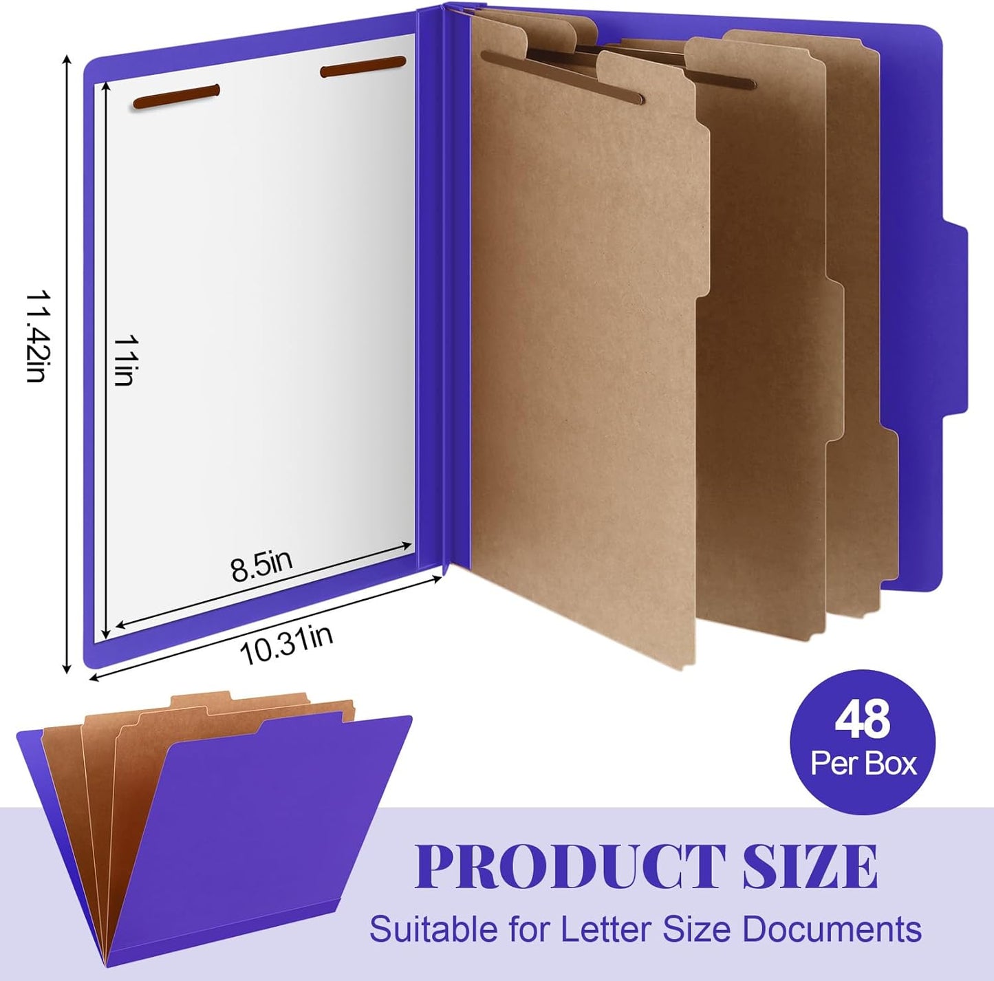 48 Pcs Classification Folders Letter Size, Back to School Supply for Teacher, Student, 3 Dividers Pressboard File Folder Bulk with 2 Fasteners, 3.5 Inch Expanding File Organizer (Purple)