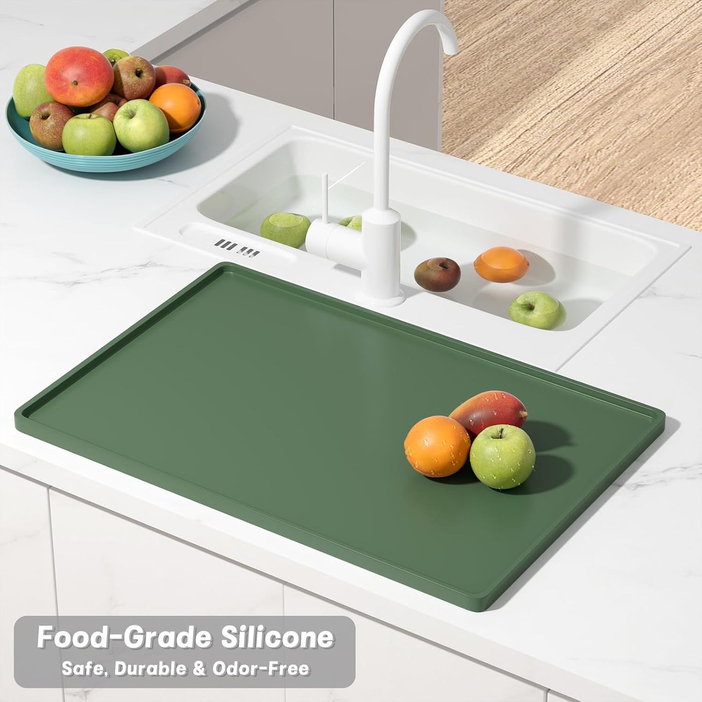 Rnivvi Silicone Coffee Mat, 16" x 24" Waterproof Raised Edge Coffee Bar Mats for Espresso Machine Station Accessories, Heat Resistant Dish Drying Pad for Kitchen Counter, Rubber Bar Decor Pad, Green