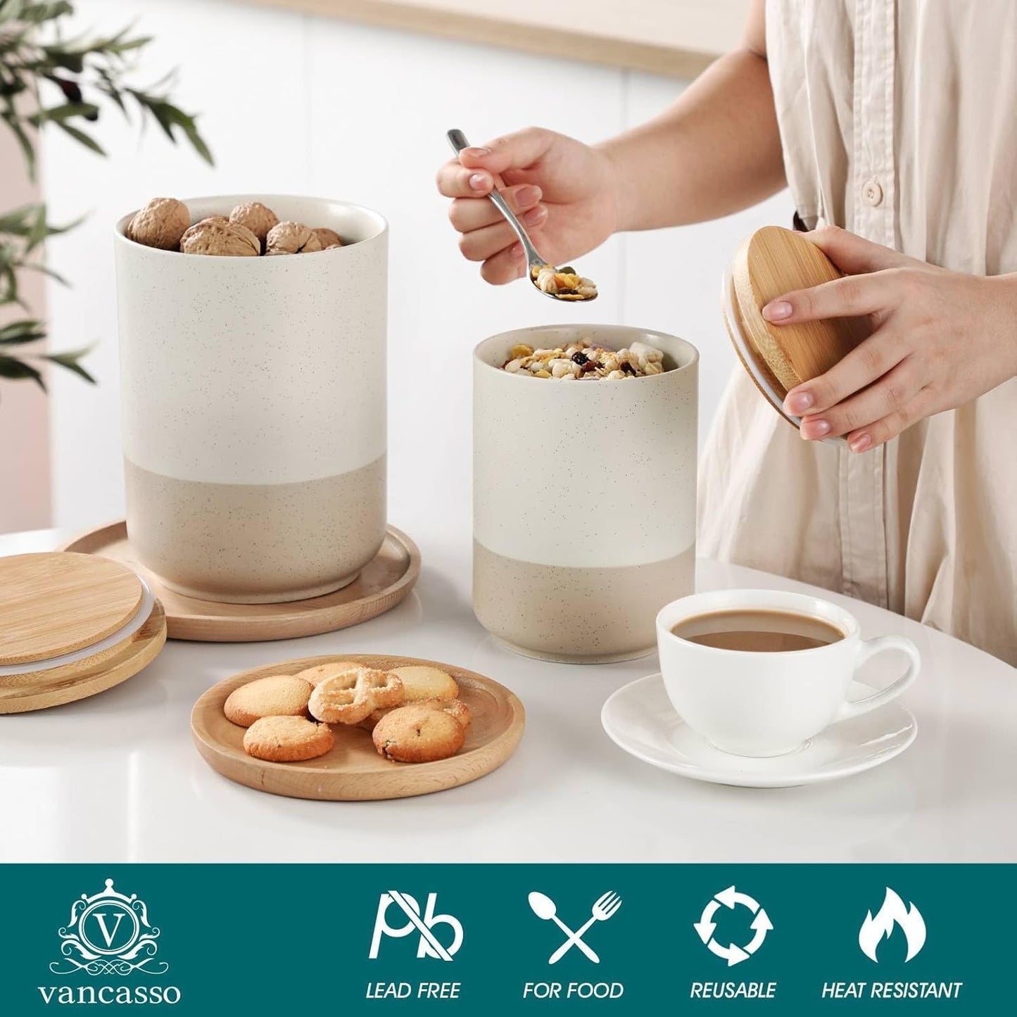 vancasso Sabine Ceramic Canister Set with Airtight Wood Lids - 3-Piece Kitchen Storage for Flour, Sugar, Coffee, Tea & Spices - Modern Countertop Decor
