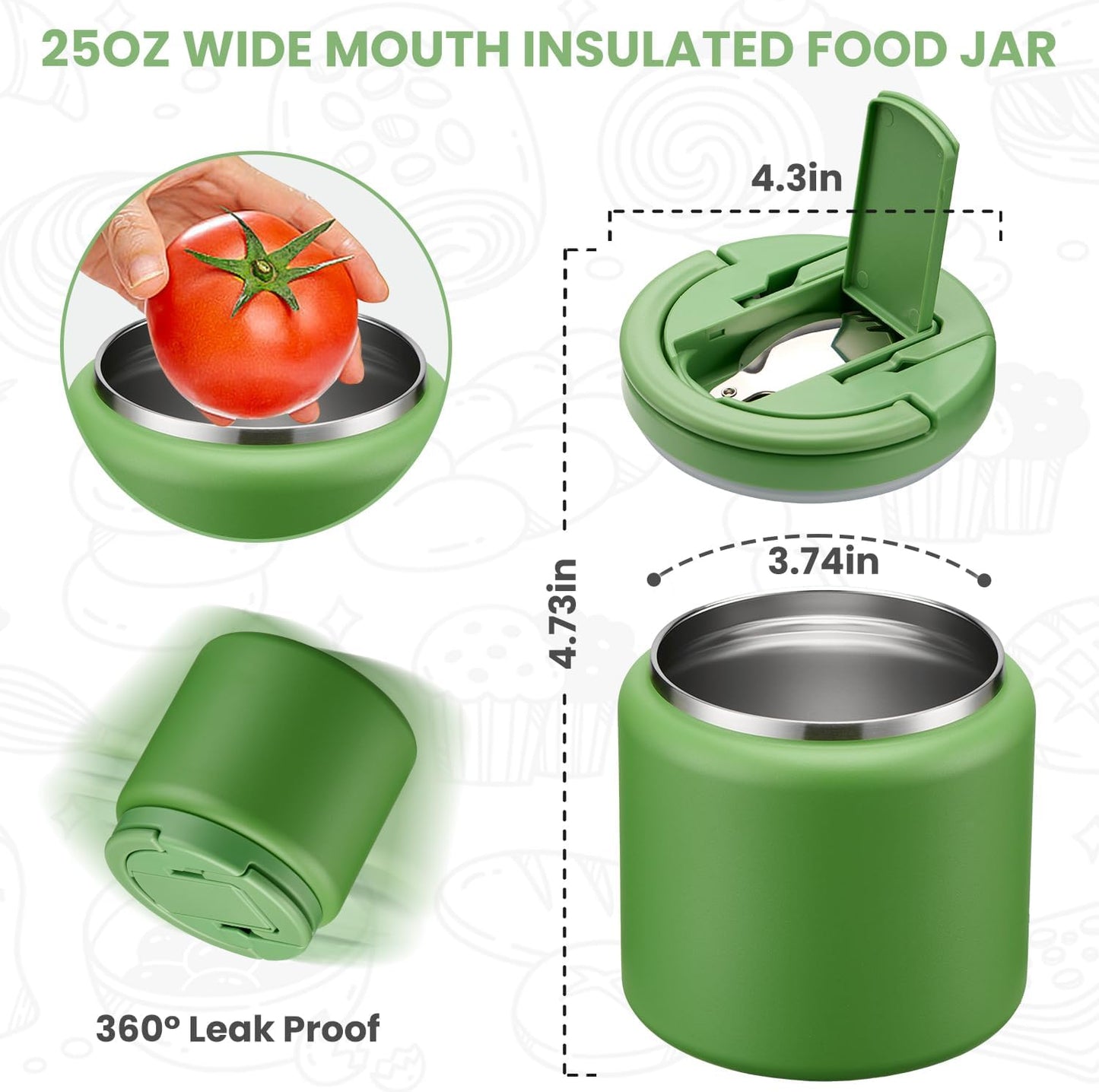 Soup Thermo for Hot Food Kids 25.5oz Lunch Containers with Buckle Lid Wide Mouth Hot Food Jar Vacuum Insulated Stainless Steel Bento Box Leakproof with Spoon(Green)