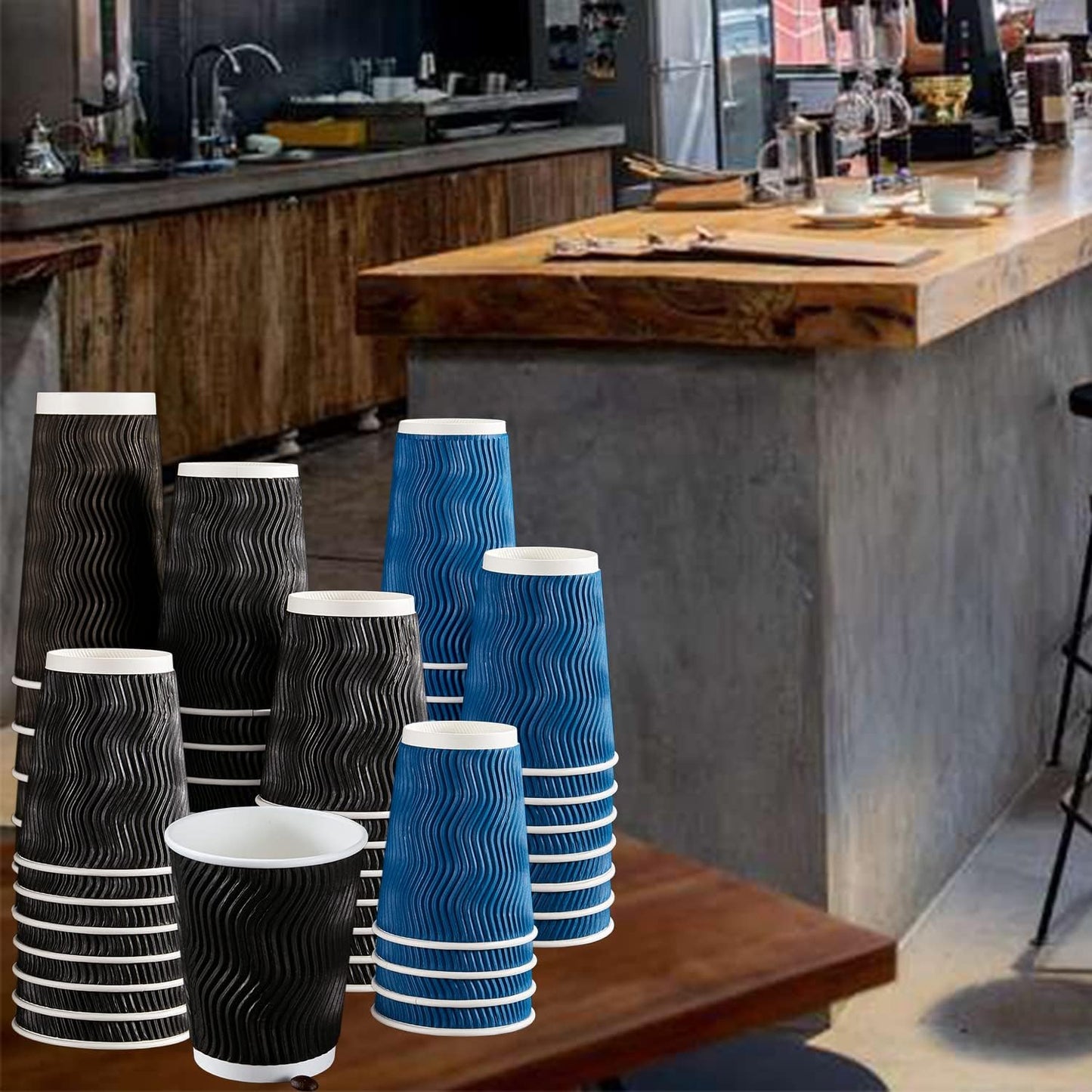 Lamosi 16 oz Coffee Cups - 90 Pack, Disposable Insulated Corrugated Paper Cups 16oz, Kraft Ripple Wall Cups for Hot Beverage or Cold Drinks (Navy)