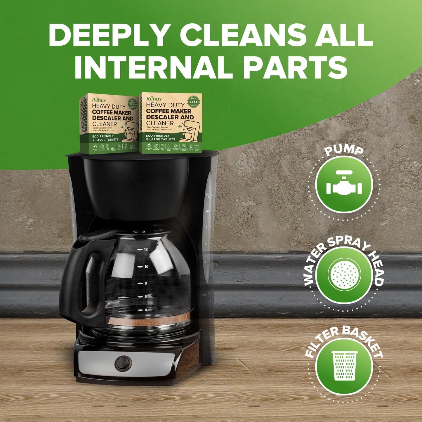 Renuv Coffee Maker Cleaner & Descaler Tablets, 12 Uses for Keurig, Ninja, Breville, Delonghi, Nespresso, Miele, Jura, Mr Coffee, Cuisinart Descaling Solution for Coffee Pot Maker & Espresso Machines