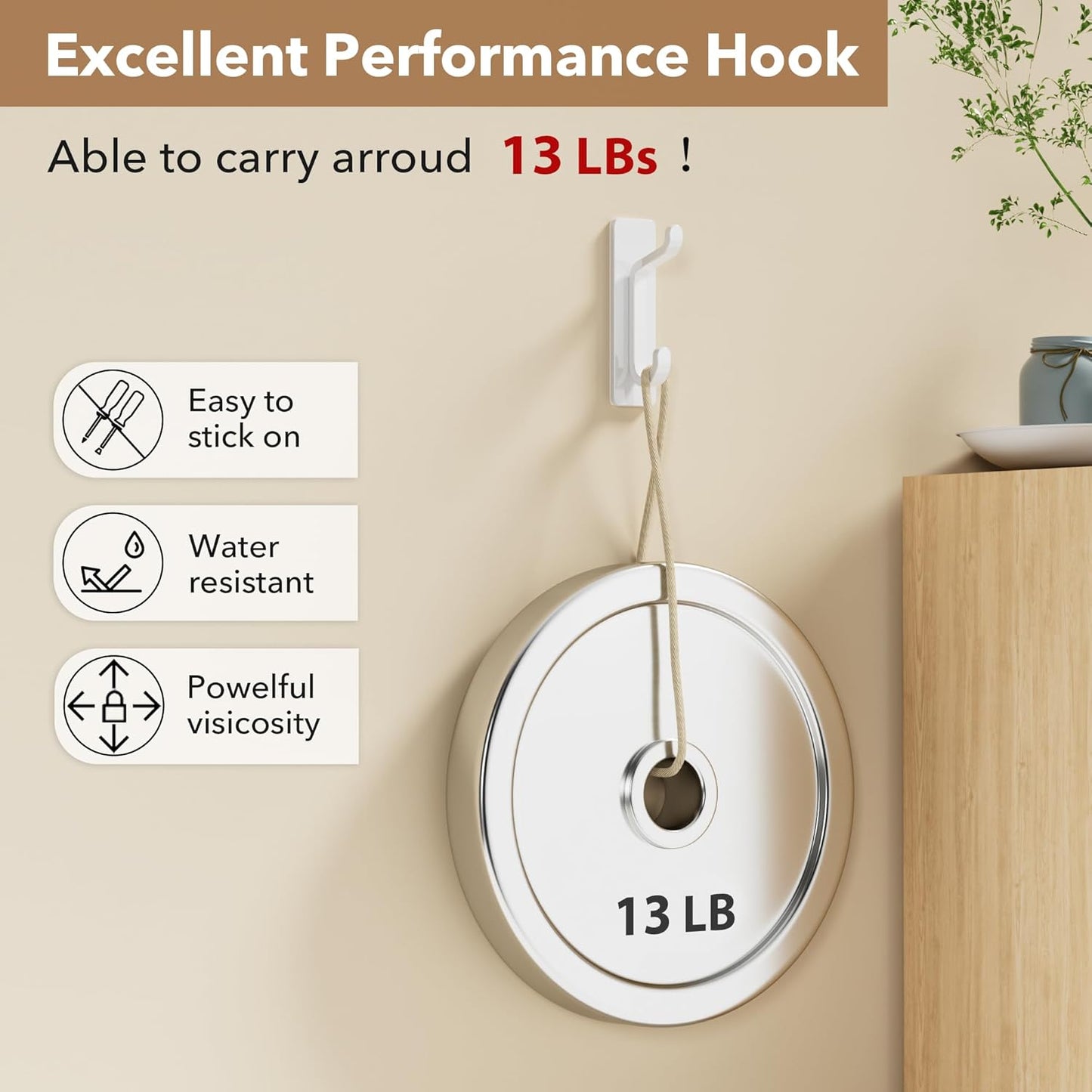 12 Pack Wall Hooks for Coat and Towel: 13LB Adhesive Door Hanger Stick on, White
