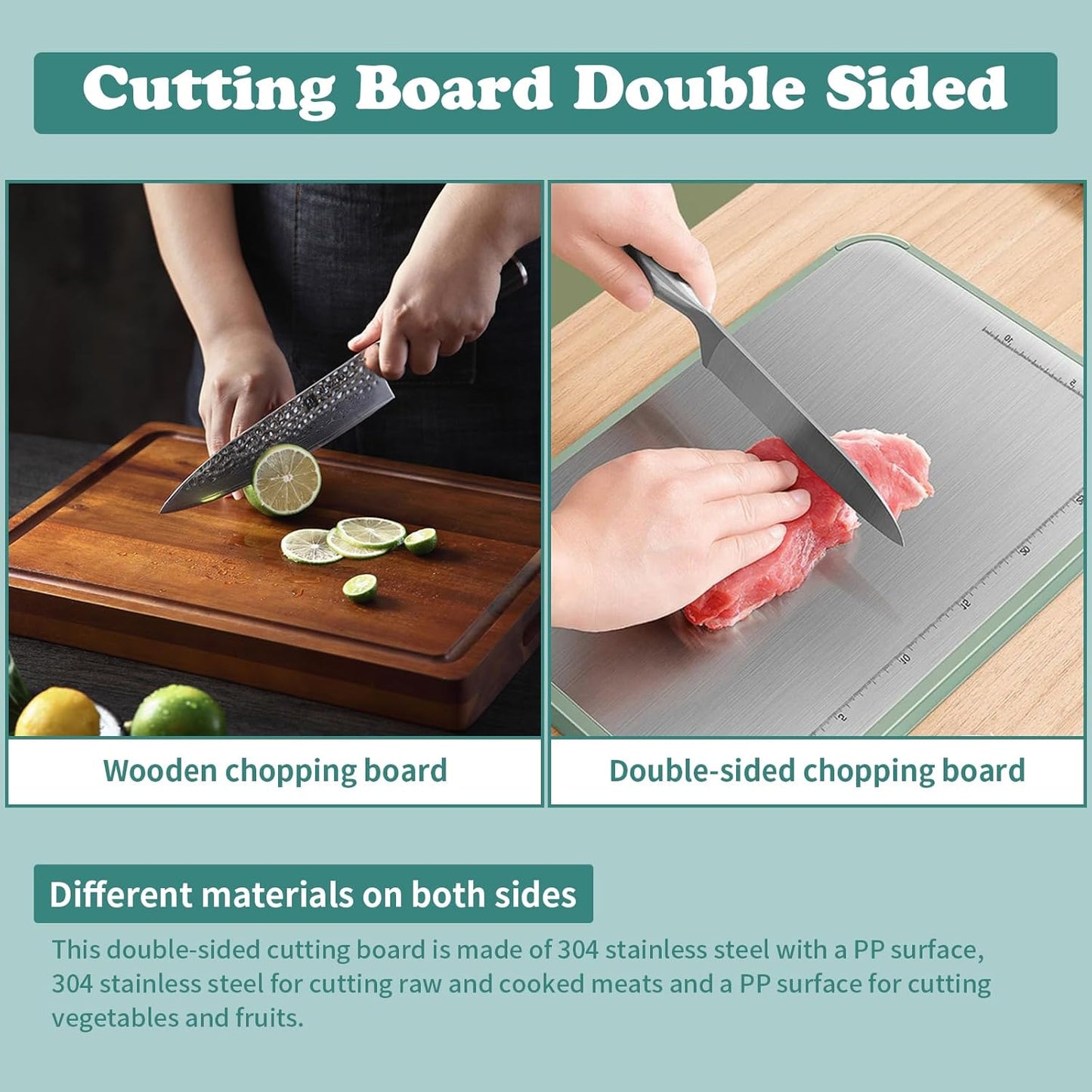 Stainless Steel Cutting Board, Double Sided Chopping Board with Scale for Pastry, 2-In-1 Cutting Board with Juice Groove and Anti Slip Surface