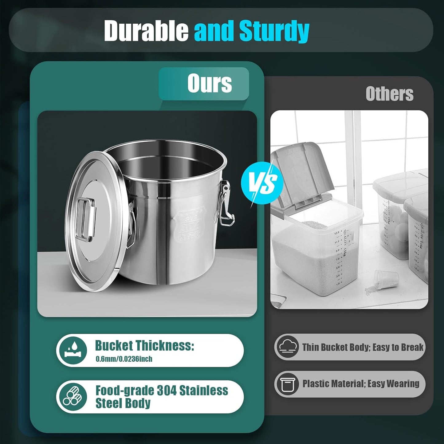 PERFERATE 304 Stainless Steel Airtight Canister 6L/12L Food Storage Bucket with Lids and Sturdy Locking Clamp Metal Cereal Rice Storage Container for Flour, Coffee Bean, Sugar, Cookie (6L)