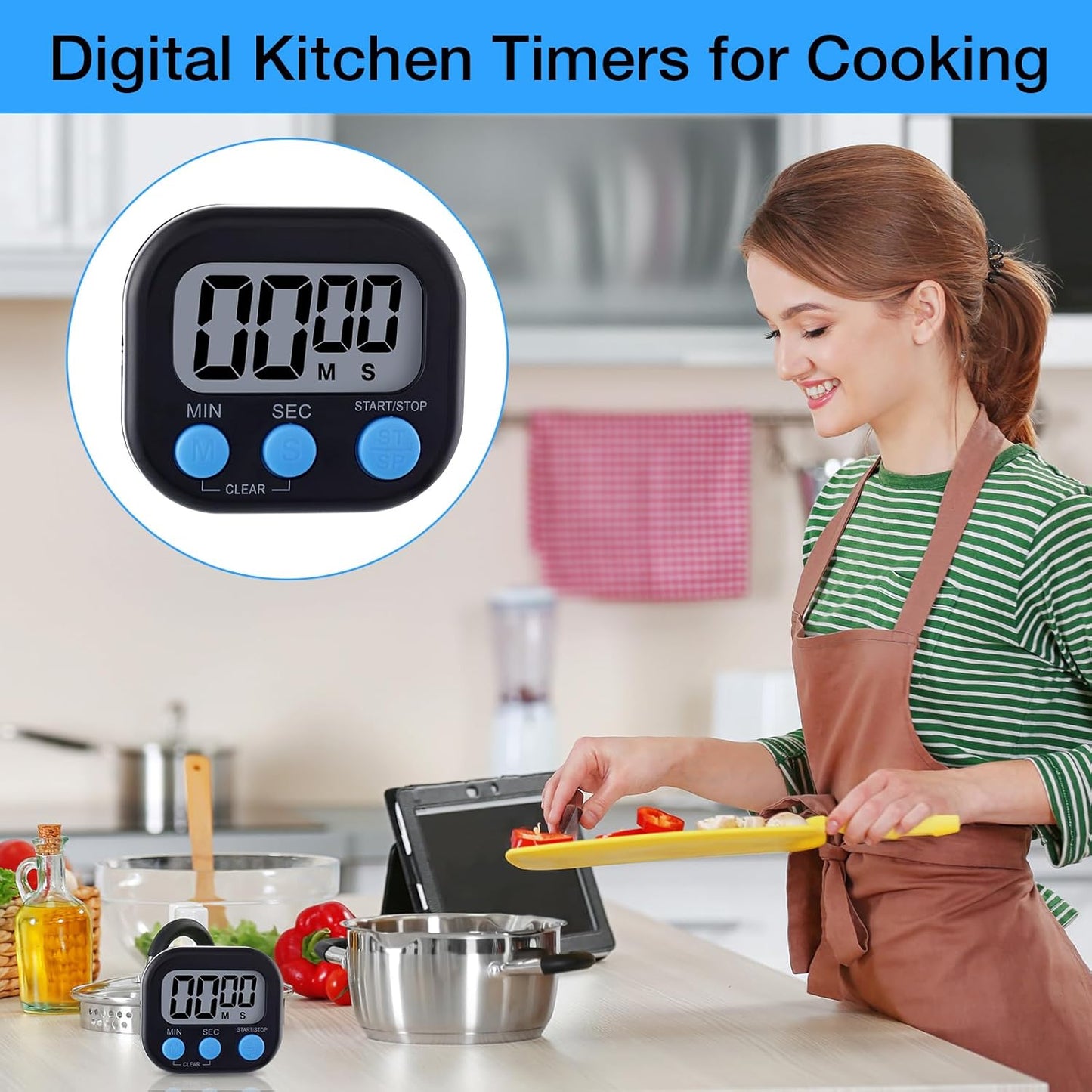 Leumoi 24 Pcs Digital Kitchen Timers Magnetic Back Timers Bulk Large Screen Loud Alarm On/Off Switch Minute Second Count up Countdown Memory Setting for Cooking Classroom Exercise(Black and Blue)