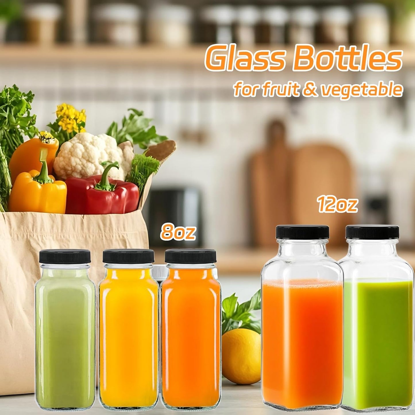 3 Pack 8oz Glass Juice Bottles with Lids, 250ml Reusable Glass Juicing Bottles, Square Drinking Jars Drink Containers with Caps for Water, Milk, Ginger, Kombucha, Beverages