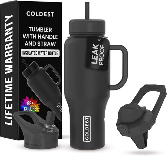 Coldest 40 oz Tumbler with Handle and Straw - 100% Leak Proof Insulated Tumbler with Lid and Straw (3 Lids) - Stainless Steel Tumblers for Women & Men - Cup Holder Friendly Base, 36 oz (Stealth Black)