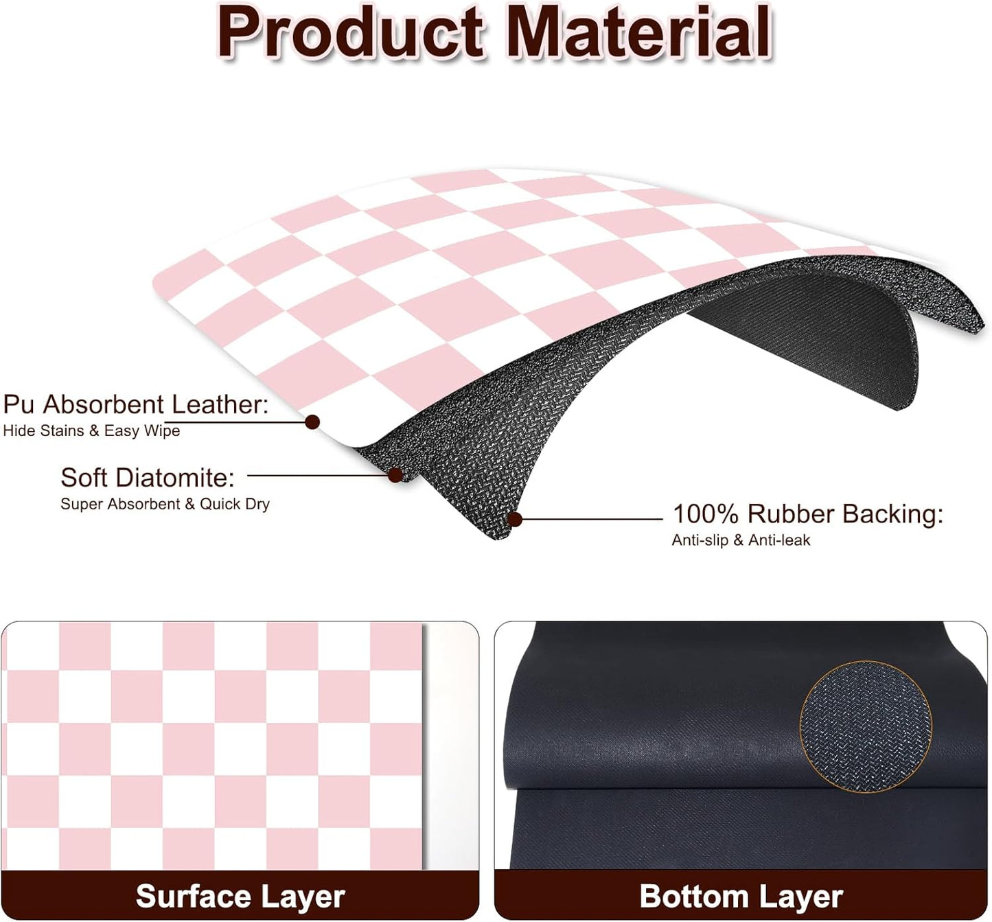 Dish Drying Mat for Kitchen Counter, 16.5’’ X 27.6’’ Checkered Large Coffee Station Mat, Super Absorbent Fit Under Coffee Maker Pad, Espresso Machine Mats, Drainer Mat Easy Clean, Pink & White