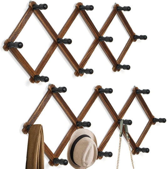 WGFKVAS 2 Pack Accordion Hat Rack for Wall - Expandable Coat Rack & Wall Mounted Hat Holder - Wooden Wall Hanger with 10 Peg Hooks for Coats, Baseball Caps, Keys & Mugs