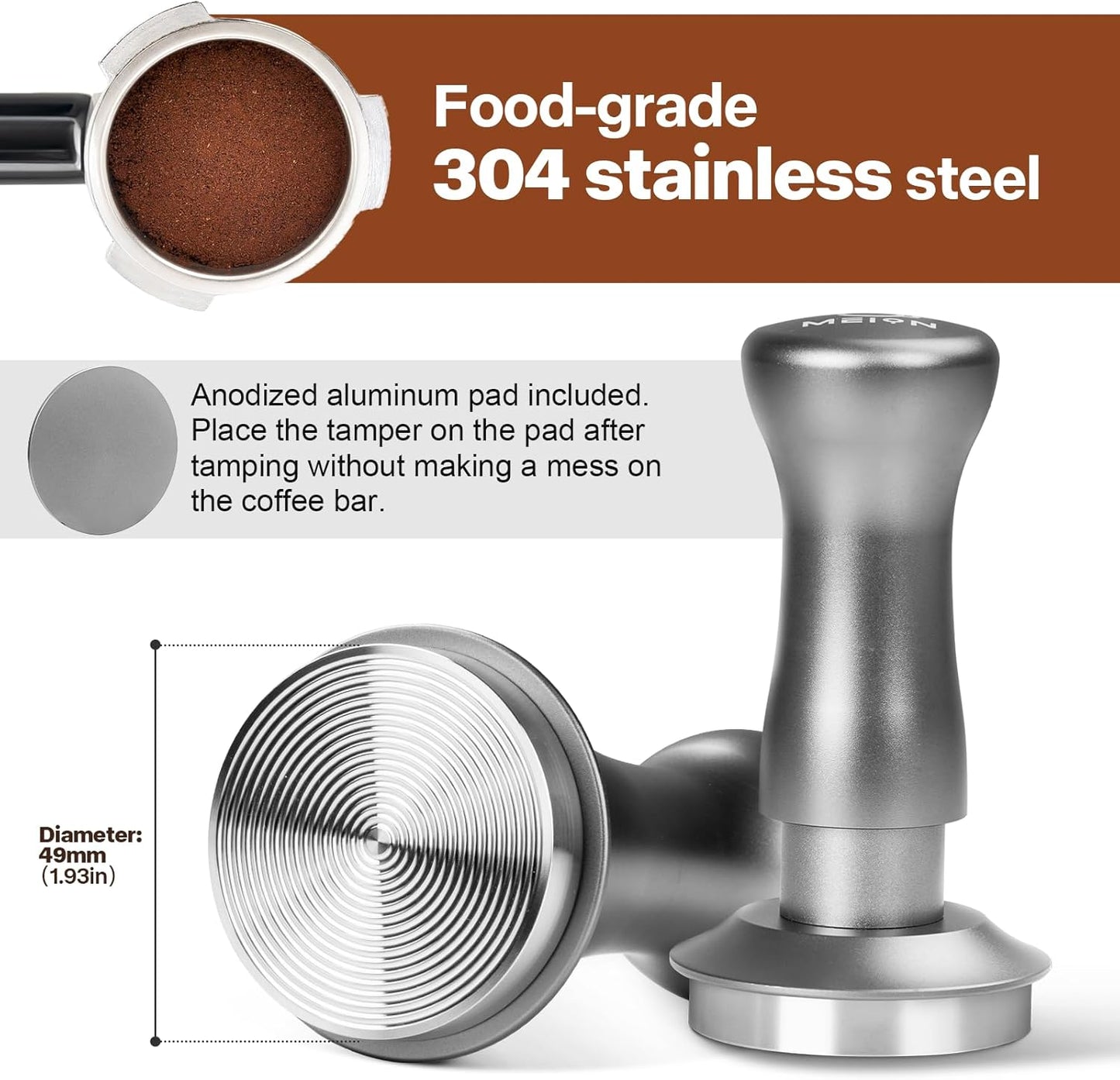 MEION Espresso Tamper 49mm Coffee Tamper, Calibrated Dual Spring Loaded Barista Tamper with Stainless Steel Base, Comes with aluminum storage pad (49MM, Silver)