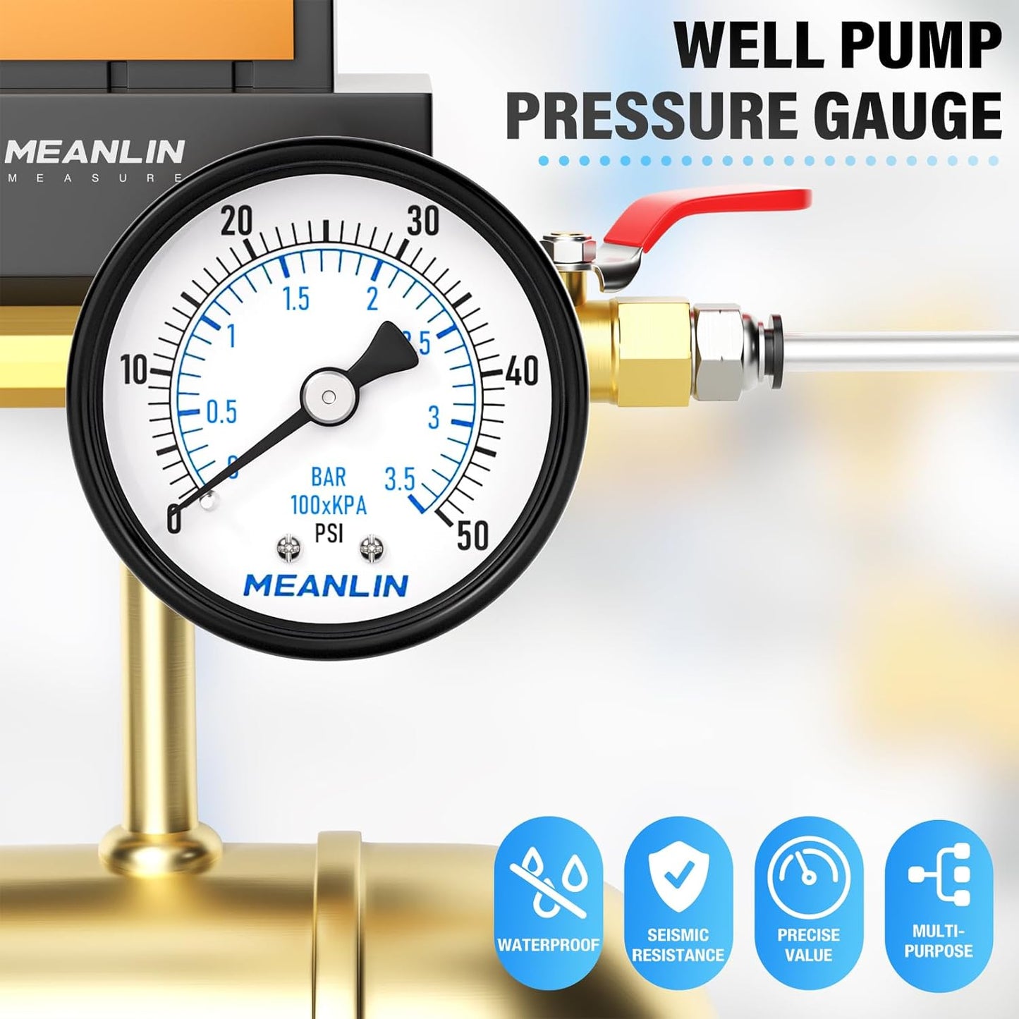 MEANLIN MEASURE 0-50Psi 2" DIAL FACE 1/4" NPT Well Pump Pressure Gauge, with 1/2" NPT and 3/8" NPT Hex Bushing, 3-2-3% Accuracy, Center Back Mount