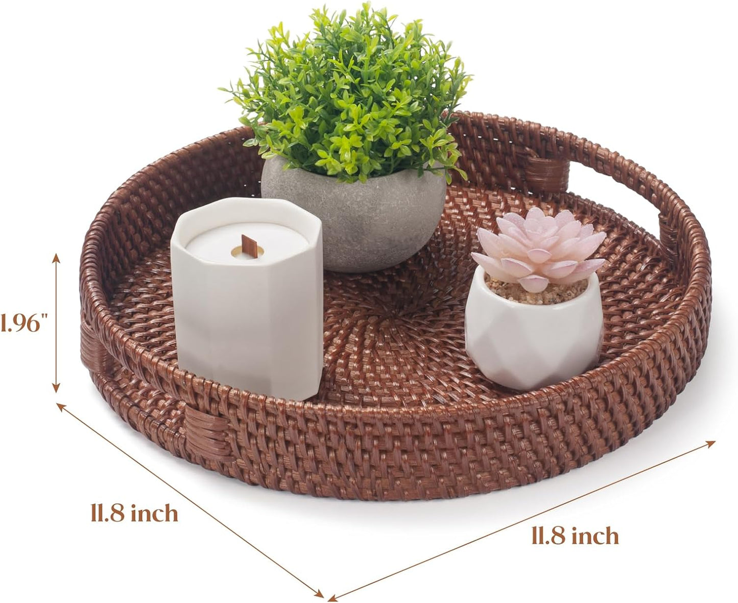 11.8 inch Round Rattan Tray, Decorative Coffee Table Tray, Ottoman Trays, Woven Serving Trays with Handles Wicker Serving Basket, Reddish-Brown