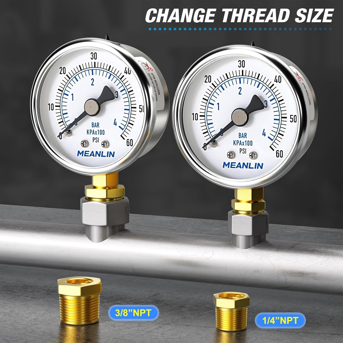 MEANLIN MEASURE 0~60Psi Dry Pressure Gauge Stainless Steel 1/8" NPT 2" FACE DIAL Waterproof for Pool Filter Pump Oil Air Compressor Tire Pressure Tester Lower Mount with 1/4" NPT and 3/8" NPT Hex Bush