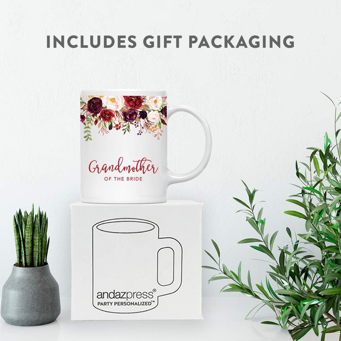 Andaz Press 11oz. Wedding Ceramic Coffee Tea Mug Gift, Fall Autumn Marsala Burgundy Flowers Roses Florals, Grandmother of the Bride, 1-Pack, Includes Gift Box