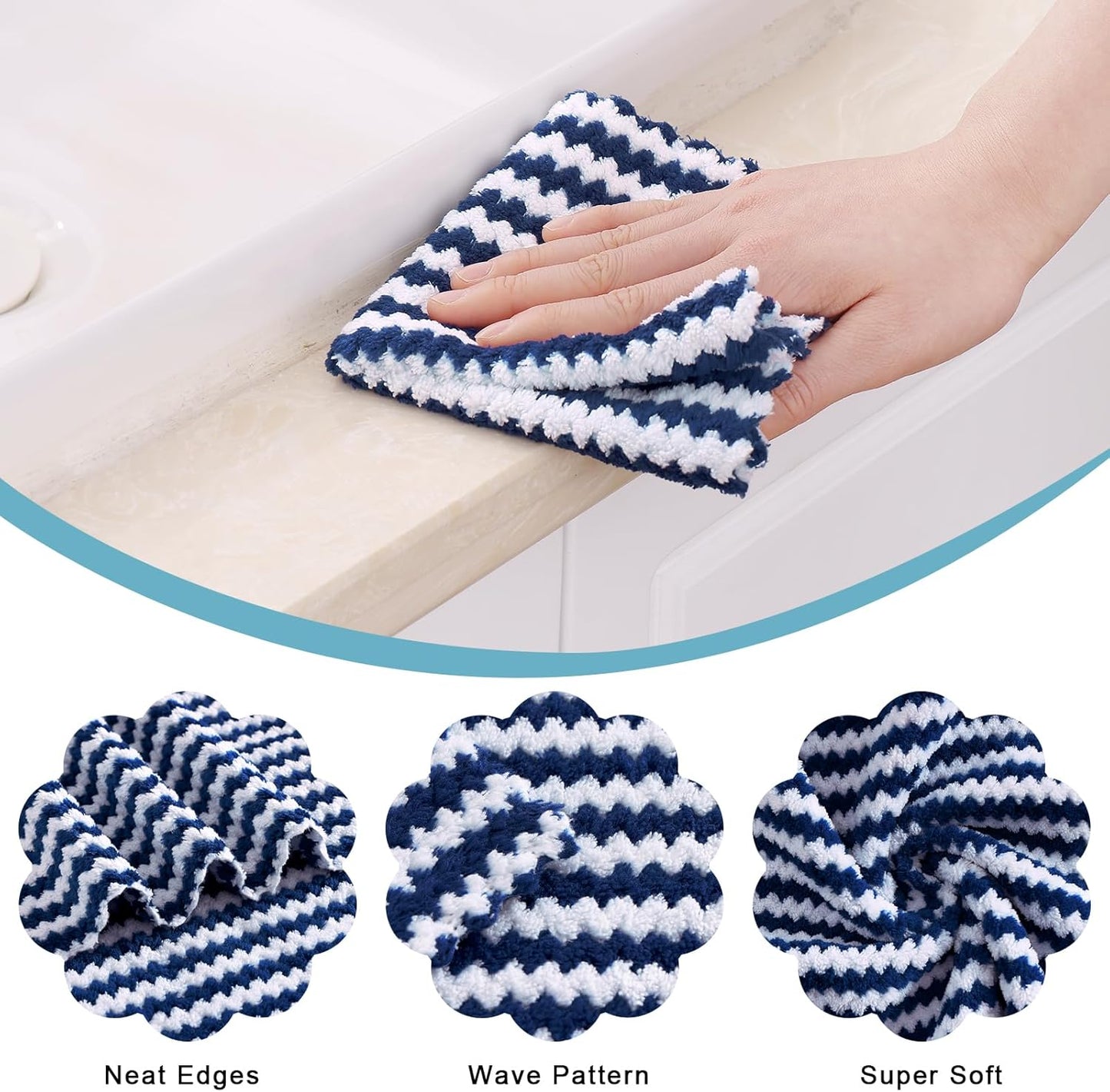 Homaxy 12 Pack Kitchen Dish Cloths, Ultra Soft and Absorbent Dish Towels, Reusable Fast Drying Microfiber Cleaning Cloth, Coral Velvet Wave Design No-lint, 10 x 10 inches, Navy Blue