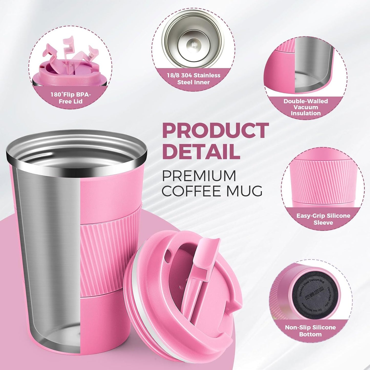 Volhoply 13 oz Stainless Steel Insulated Travel Coffee Mug with Fip Lid Bulk 8 Pack,Reusable Double Wall Vacuum Metal Coffee Cup,Portable Leak Proof Thermal Tumbler for Hot & Cold Drinks(Pink,8)