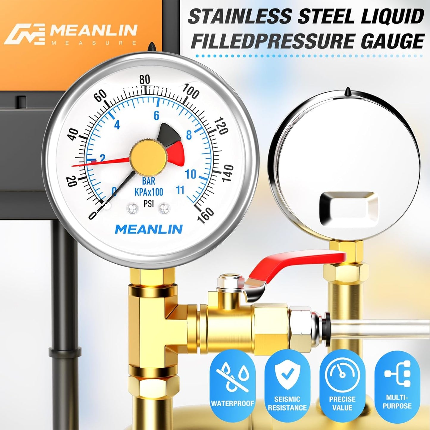 MEANLIN MEASURE 0~160Psi Stainless Steel 1/4" NPT 2.5" FACE DIAL with Reset Pointer Liquid Filled Pressure Gauge WOG Water Oil Air, Lower Mount, with 1/8" x 1/4" NPT and 1/8" x 3/8" NPT Hex Bushing