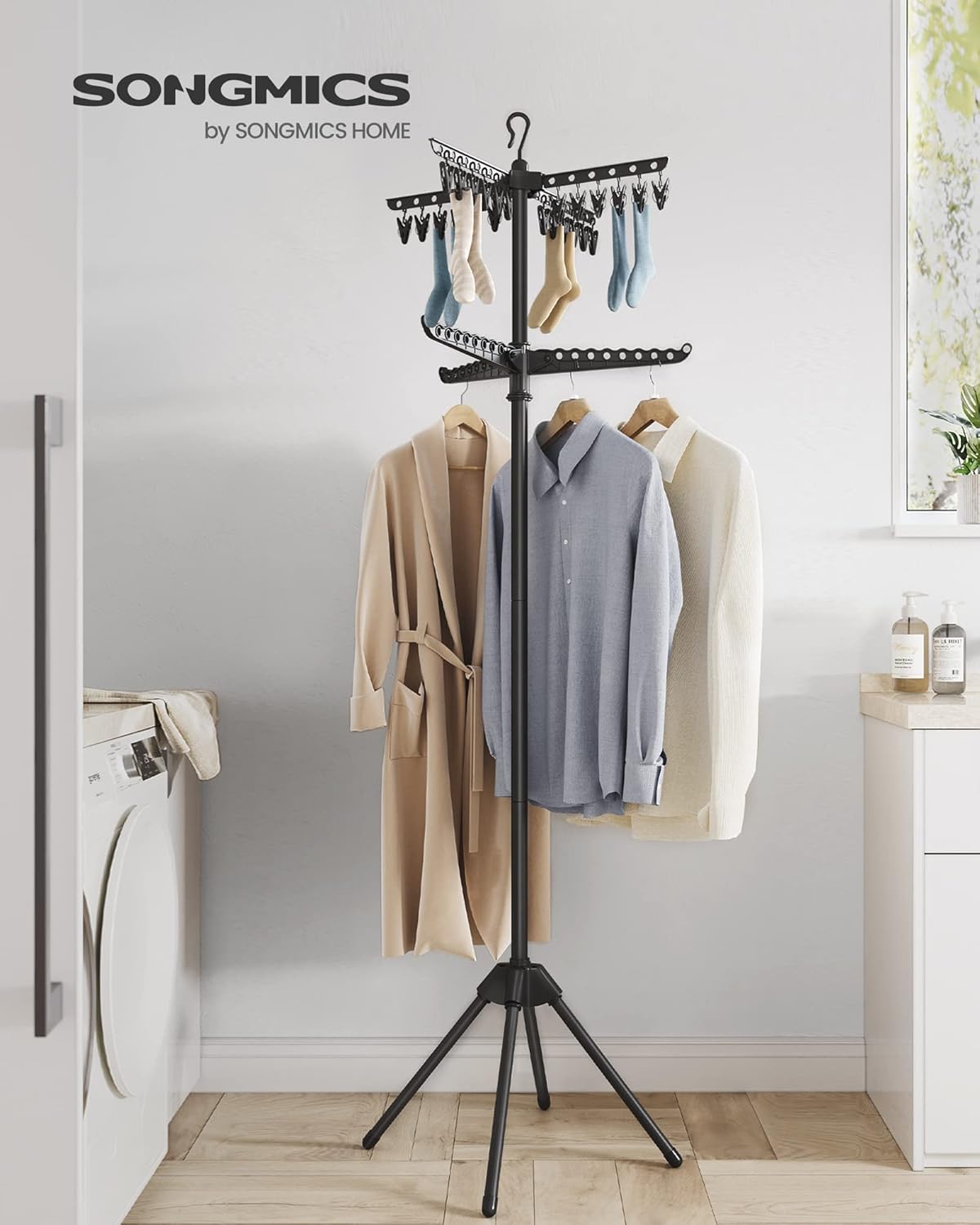 SONGMICS 2-Tier Clothes Drying Rack, 72-Inch Folding Laundry Drying Rack with 3 Rotatable Arms for Hangers, 24 Clips, Stainless Steel, for 27 Pieces of Clothes, Black ULLR512B01