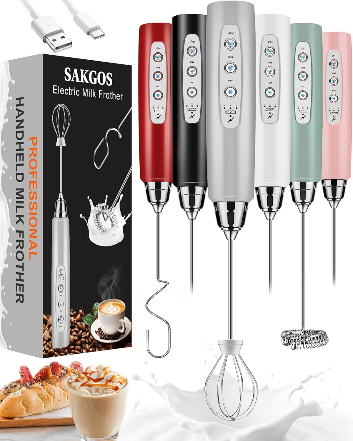 Milk Frother Rechargeable Handheld-Electric Whisk 3 Speed Adjustable, Coffee Frother Wand with 3 Stainless Whisks, Electric Foam Maker, Drink Mixer Blender for Latte Cappuccino Matcha Egg