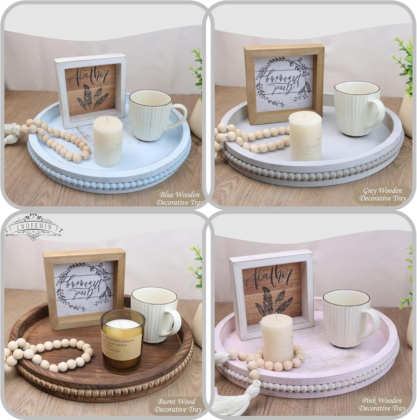 Round Burnt Wood Serving Tray with Beads, Wooden Decorative Tray for Entertaining, Decoration, and Gifting,