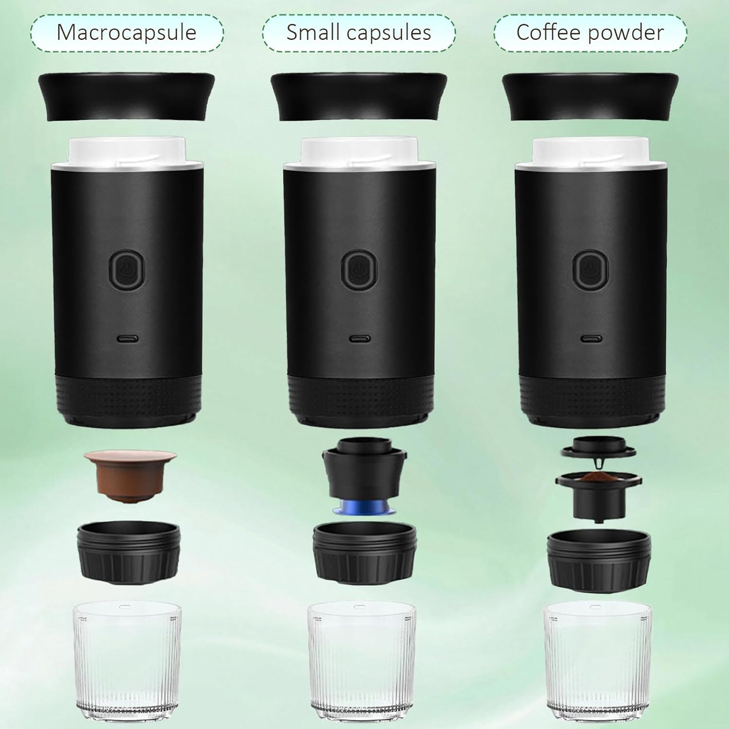 3-in-1 Portable Coffee Maker, Self-Heating Espresso Machine, USB Rechargeable Travel Coffee Maker, Compact for Office, Travel, Camping - Black