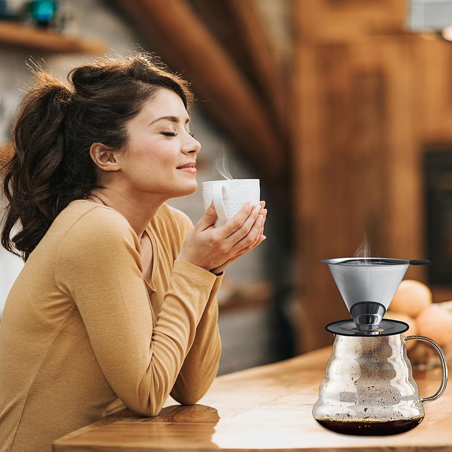 Pour Over Coffee Dripper-Stainless Steel Coffee Filter,Reusable Drip Cone Coffee Filter Portable Pour for 1-4 Cup (With Silicone Ring, M)