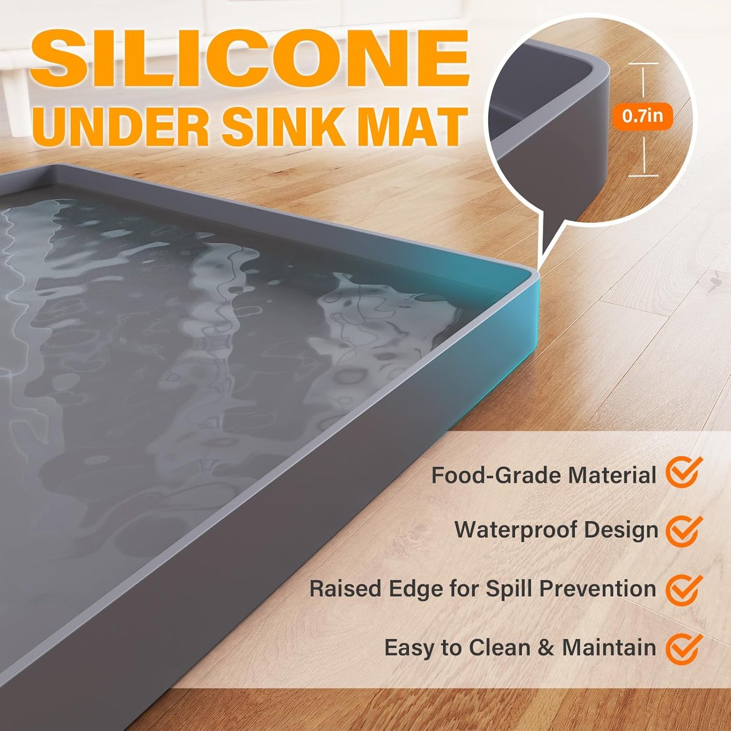 FLATO Waterproof Under Sink Mat 37" x 19" Shelf Liner for Kitchen and Bathroom, Cabinet Protector, Organizers and Storage, Flexible Silicone Drip Tray